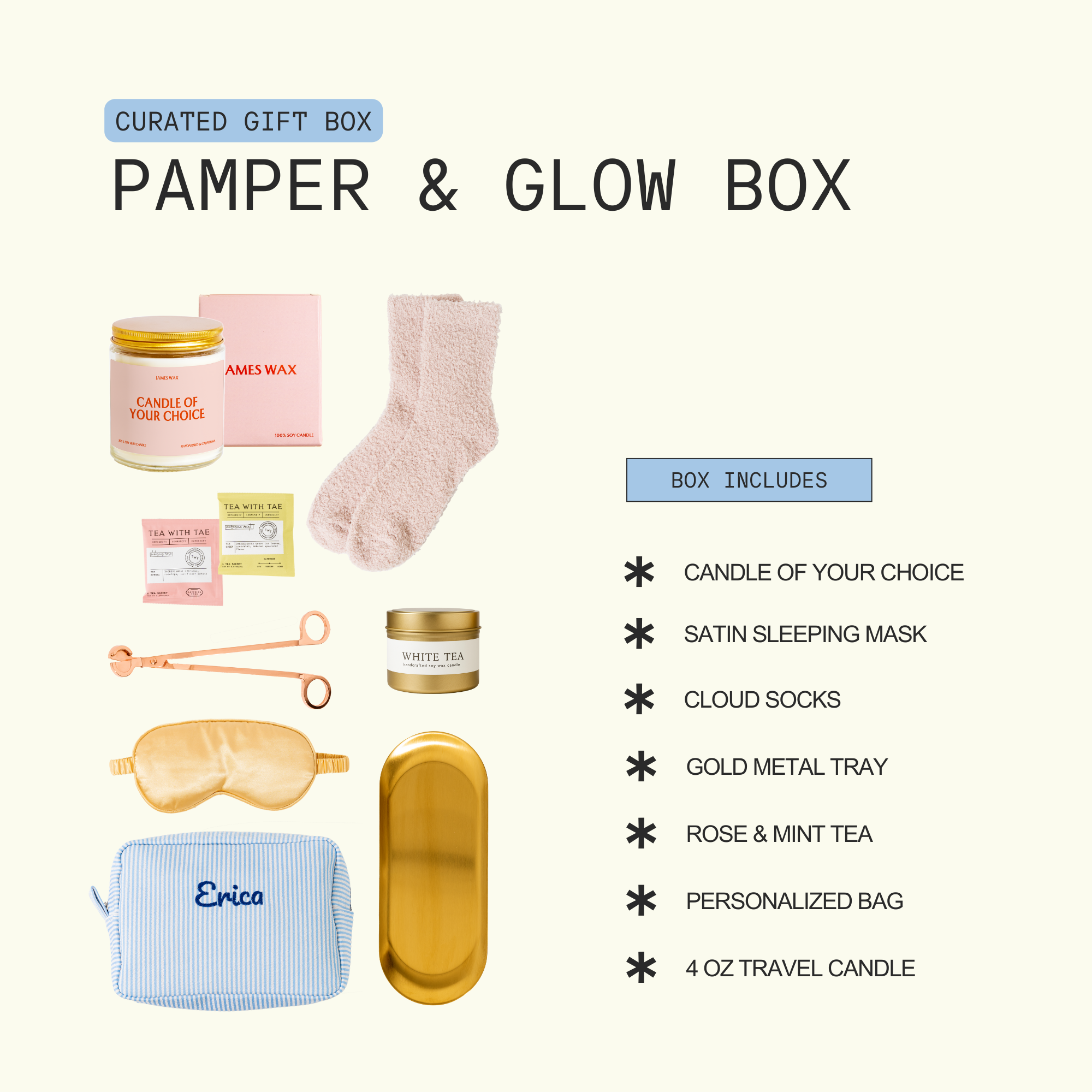 The image is a curated gift box containing various items such as a candle, a pair of socks, a satin sleeping mask, a pair of gold socks, a gold metal tray, a rose and mint tea, a personalized bag, and a travel candle.