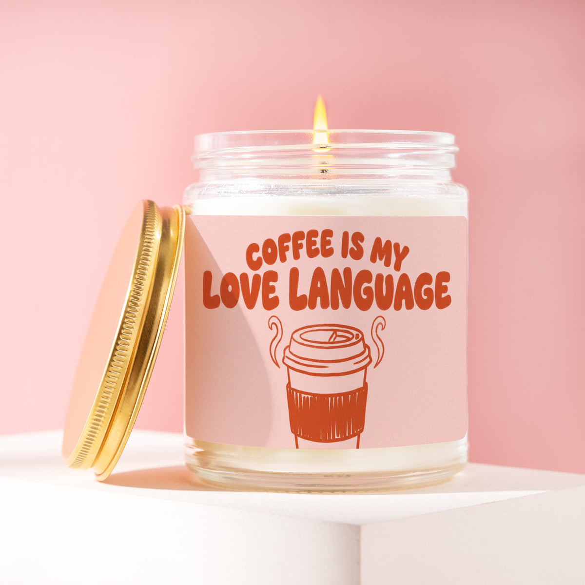 Coffee Is My Love Language 9 oz soy candle with a brushed gold lid by James Wax