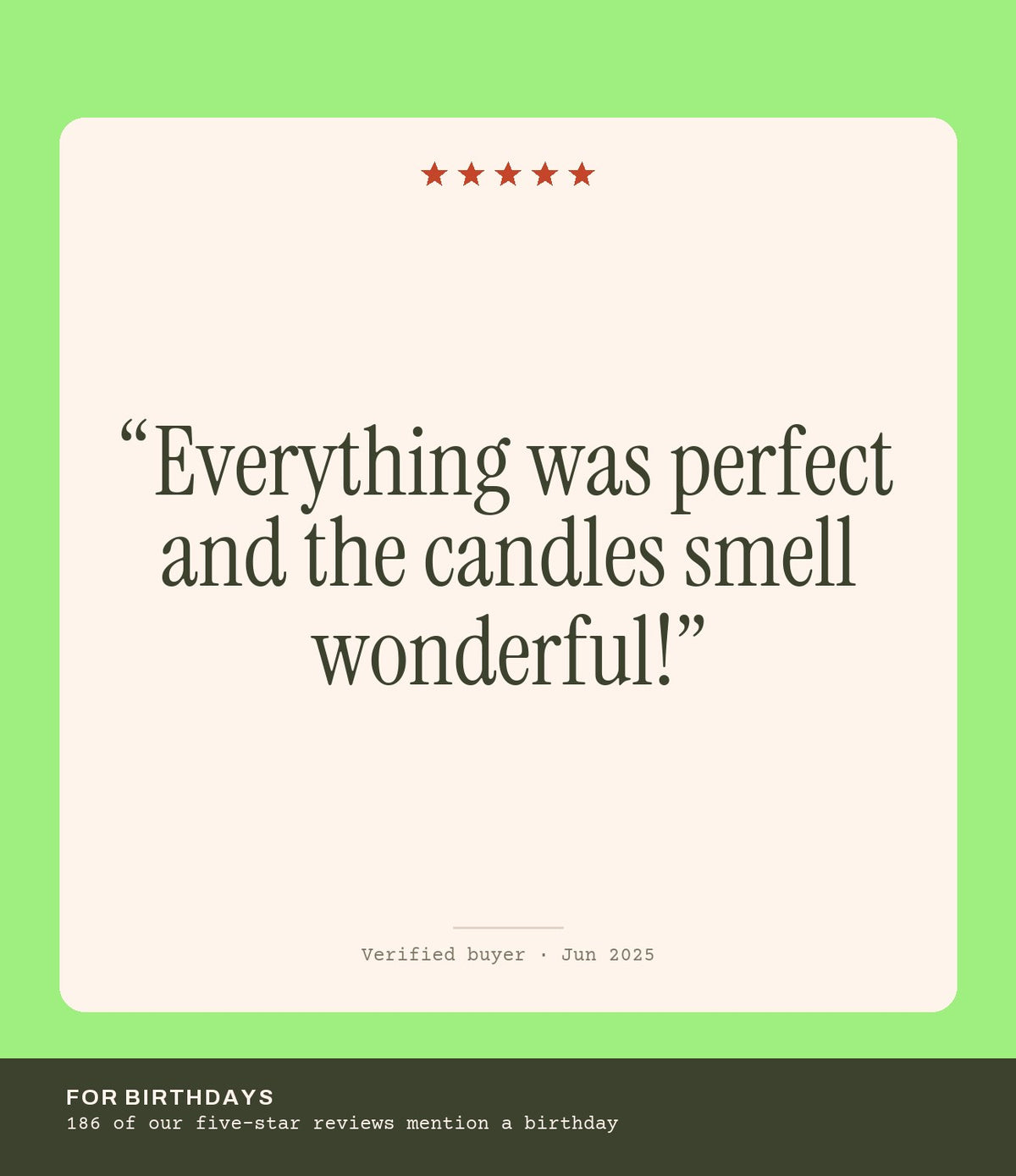 Verified buyer review: Everything was perfect and the candles smell wonderful!