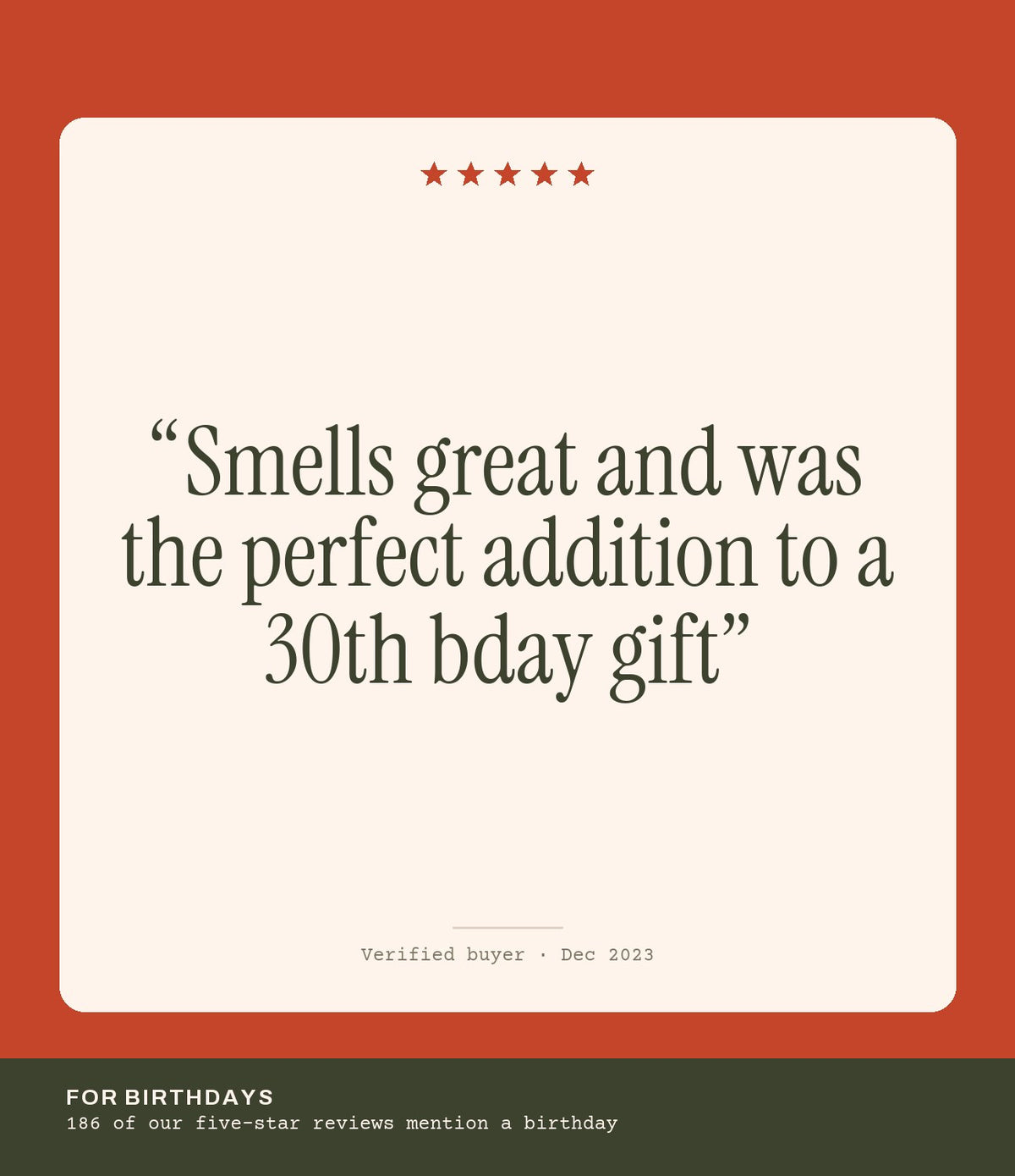 Verified buyer review: Smells great and was the perfect addition to a 30th bday gift