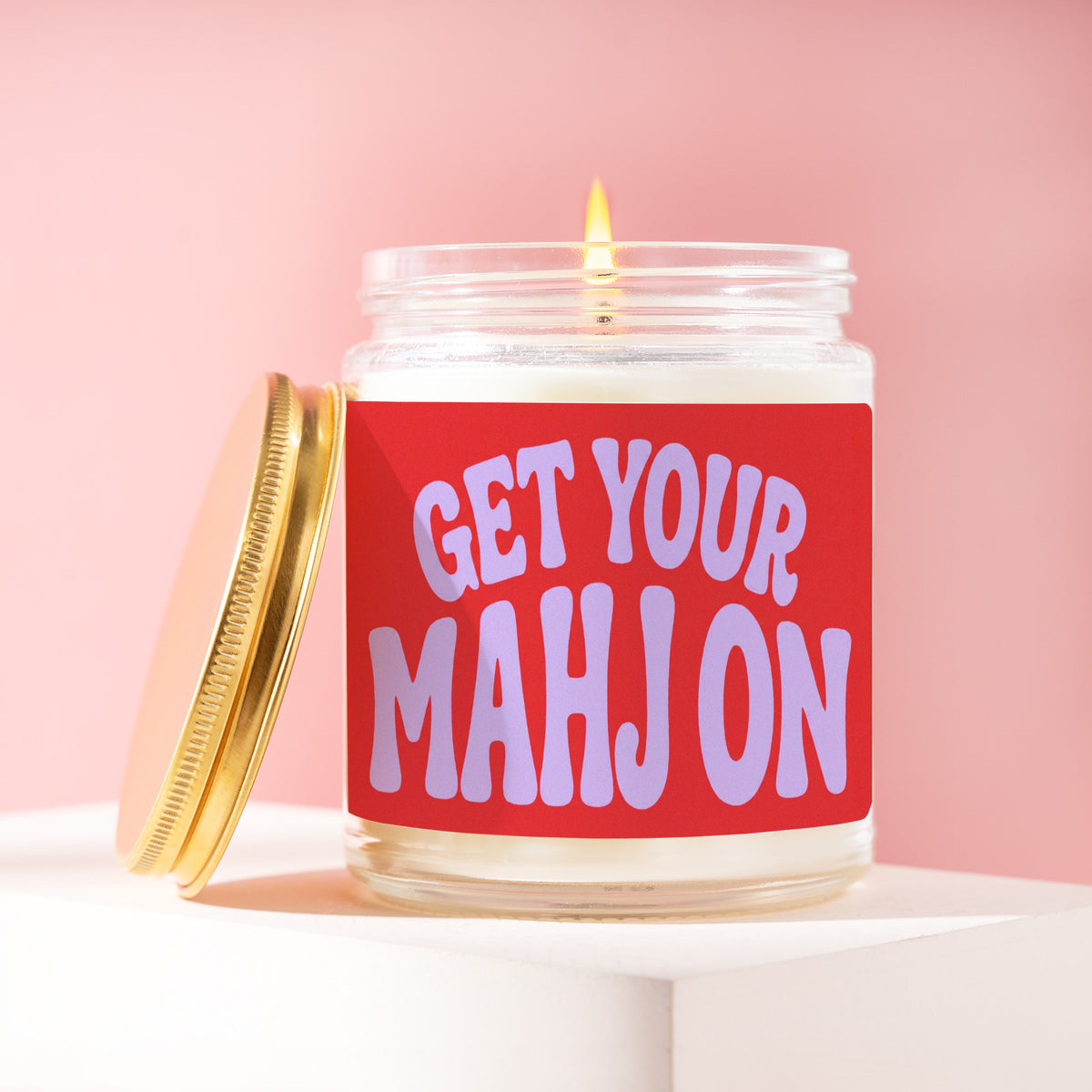 Get Your Mahj On 9 oz soy candle with a brushed gold lid by James Wax