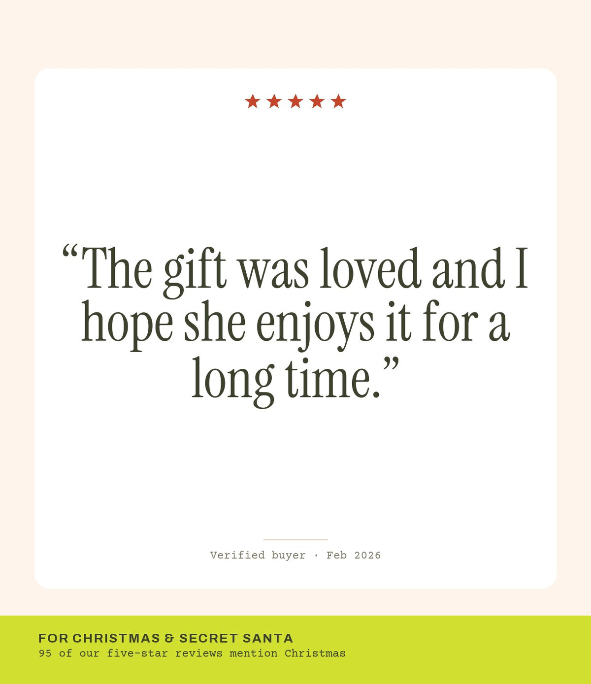 Verified buyer review: The gift was loved and I hope she enjoys it for a long time.