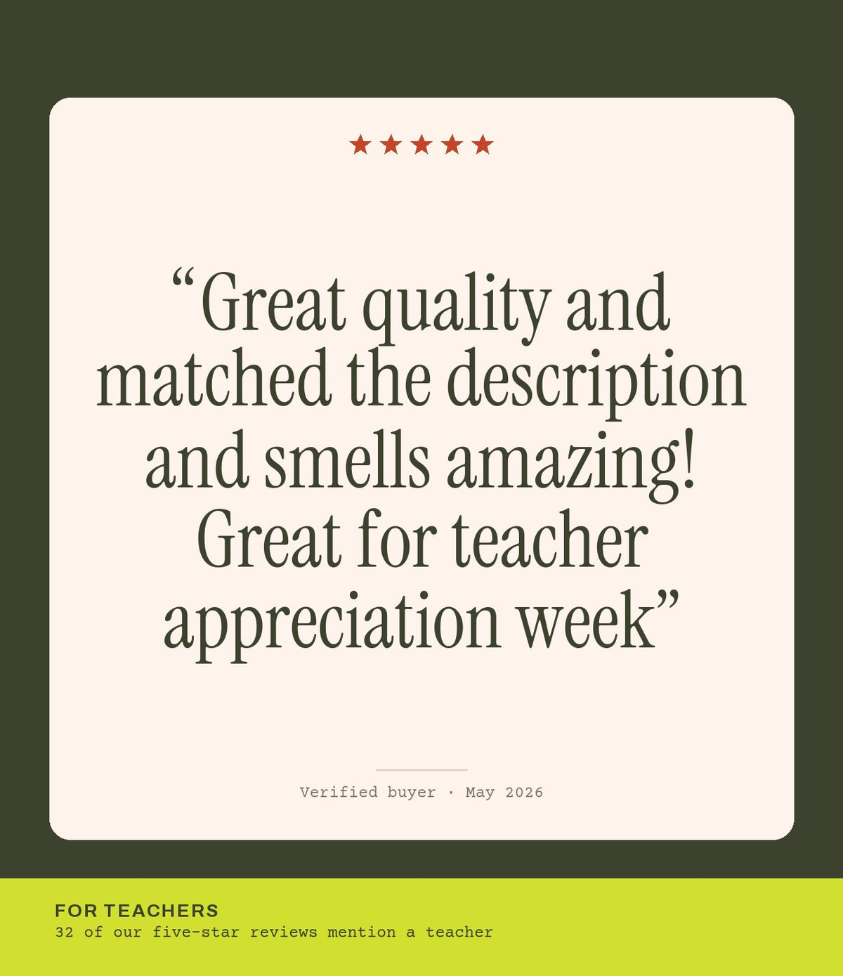 Verified buyer review: Great quality and matched the description and smells amazing! Great for teacher appreciation week