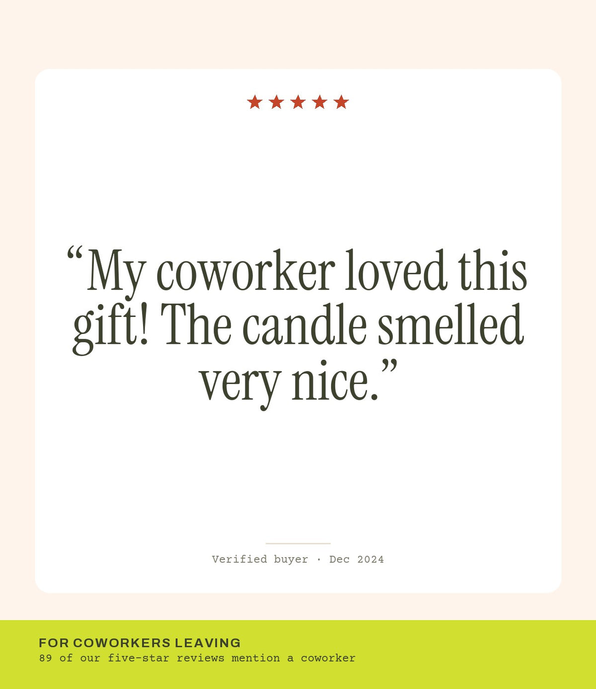 Verified buyer review: My coworker loved this gift! The candle smelled very nice.
