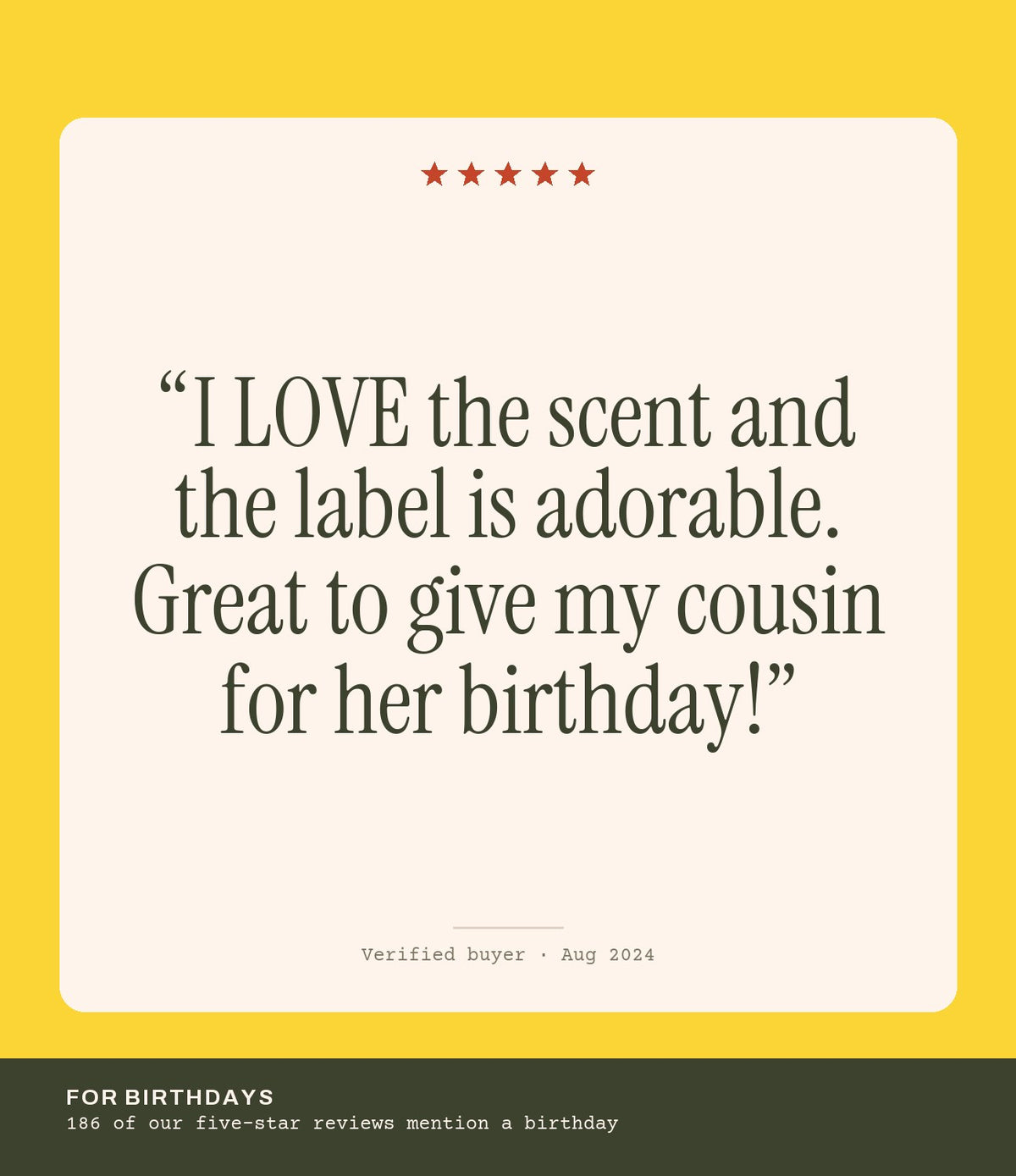Verified buyer review: I LOVE the scent and the label is adorable. Great to give my cousin for her birthday!
