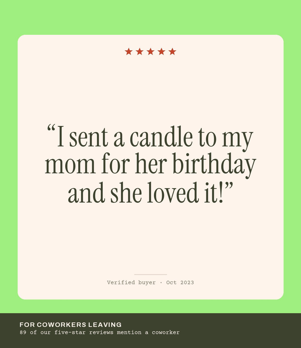 Verified buyer review: I sent a candle to my mom for her birthday and she loved it!