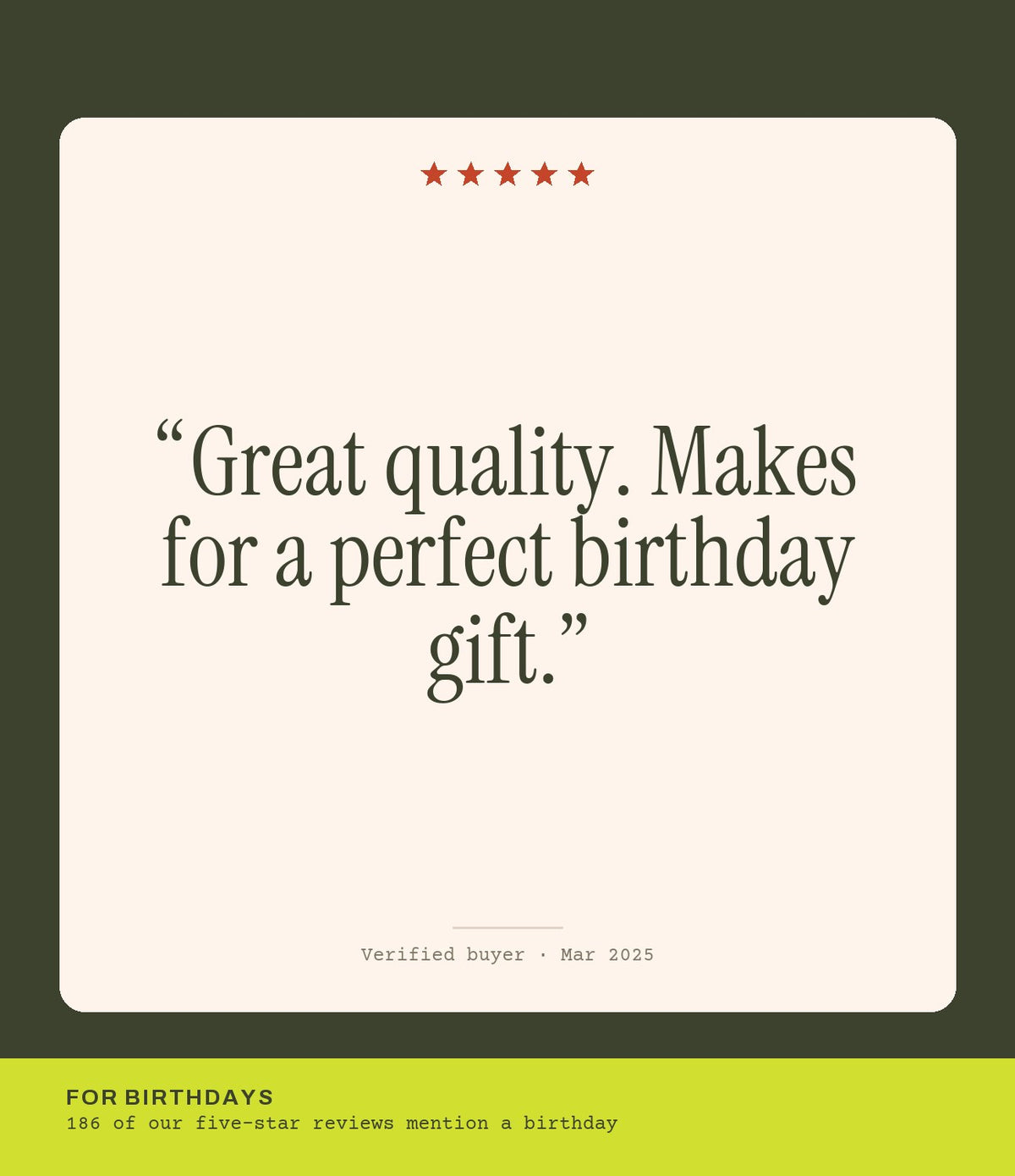 Verified buyer review: Great quality. Makes for a perfect birthday gift.