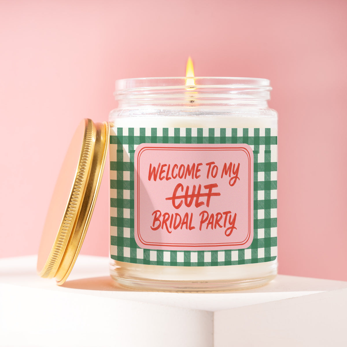 Welcome To My Cult Bridal Party 9 oz soy candle with a brushed gold lid by James Wax