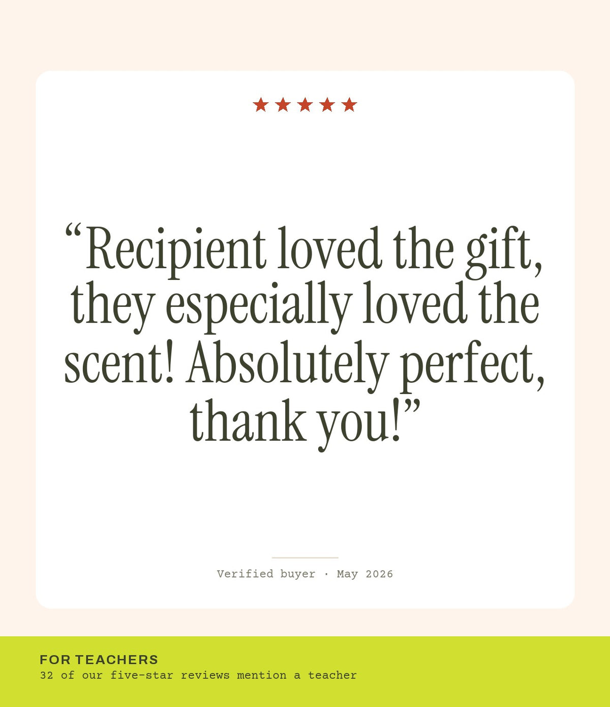 Verified buyer review: Recipient loved the gift, they especially loved the scent! Absolutely perfect, thank you!