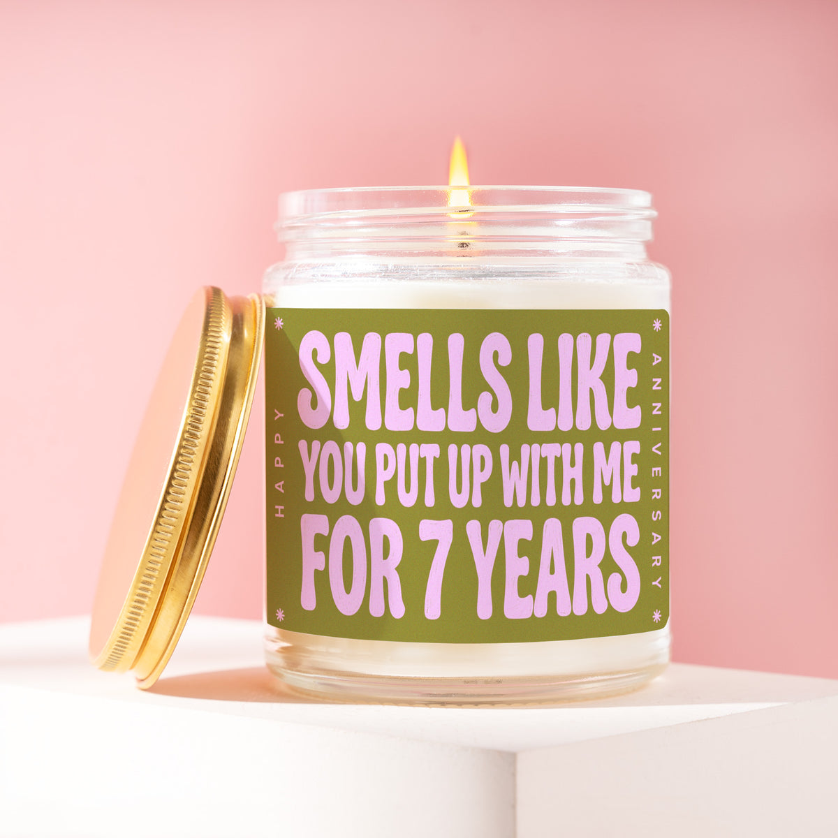 Smells Like You Put Up With Me For 7 Years 9 oz soy candle with a brushed gold lid by James Wax