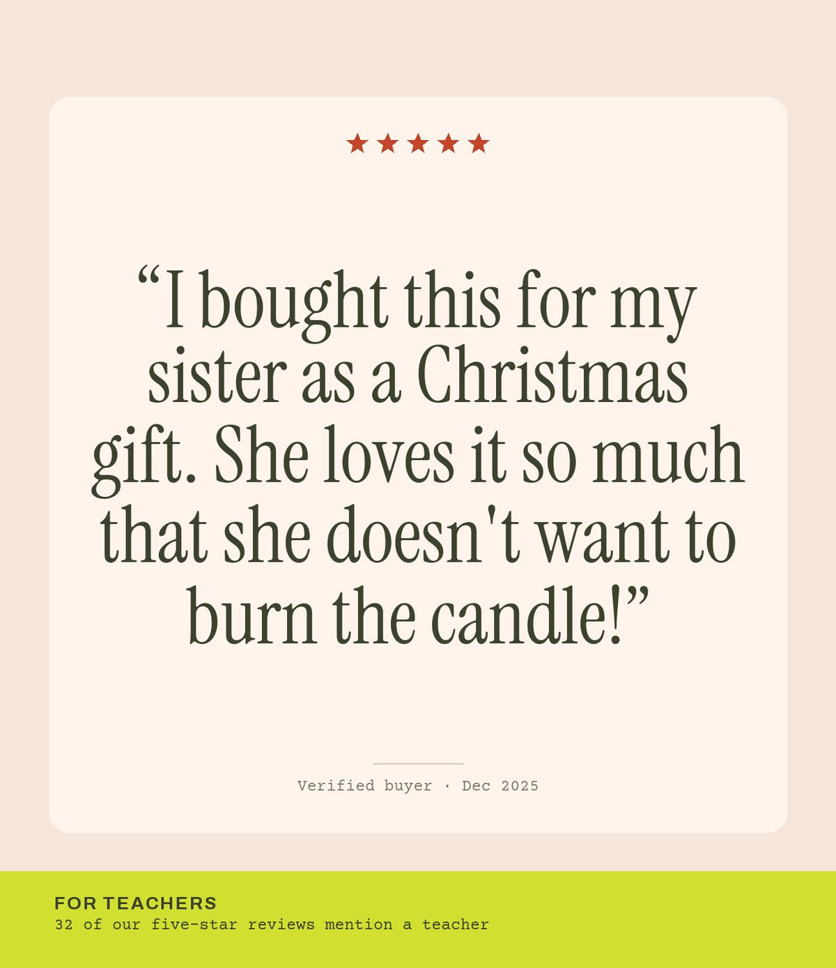 Verified buyer review: I bought this for my sister as a Christmas gift. She loves it so much that she doesn't want to burn the candle!