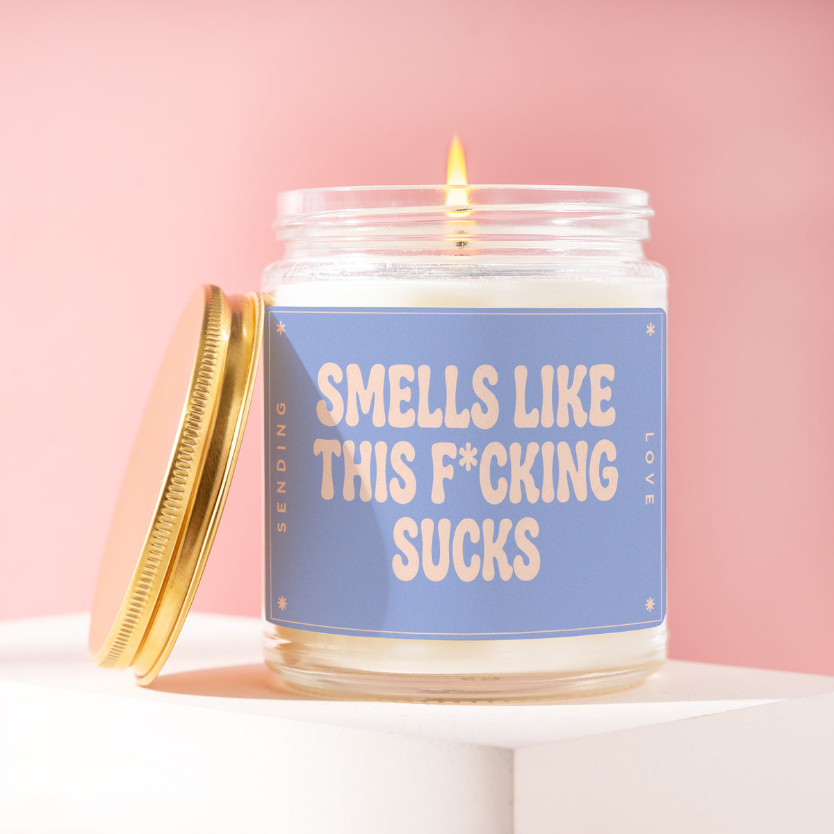Smells Like This F*cking Sucks 9 oz soy candle with a brushed gold lid by James Wax