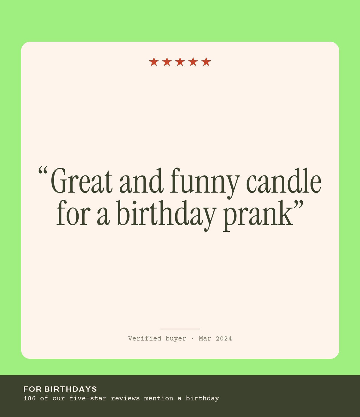 Verified buyer review: Great and funny candle for a birthday prank