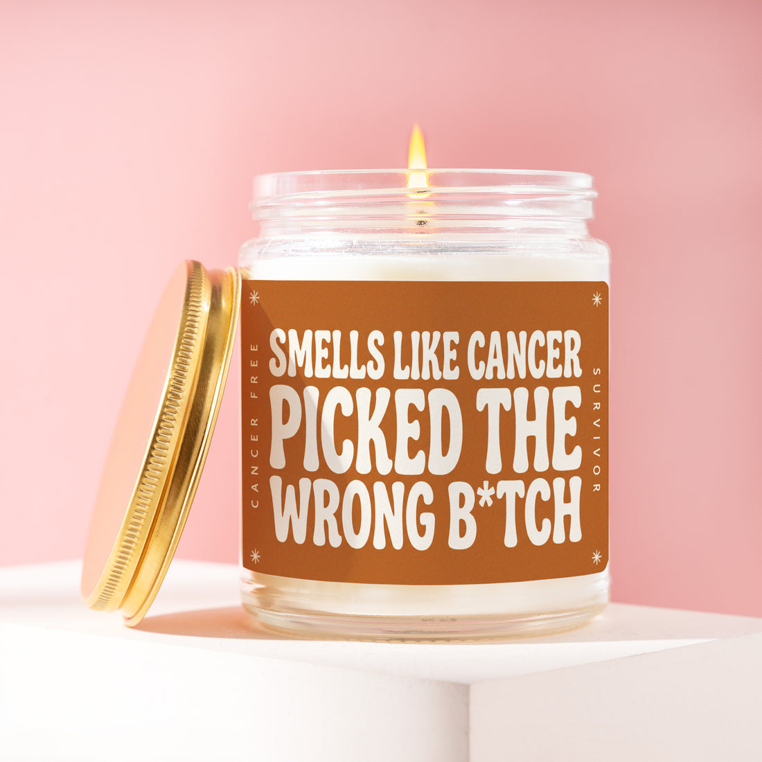Pink Ribbon Survivor Candle, Radiation Gift, Smells Like Cancer Picked The Wrong B*tch, Mastectomy Recovery, Chemo Sister, Mom, Wife R282