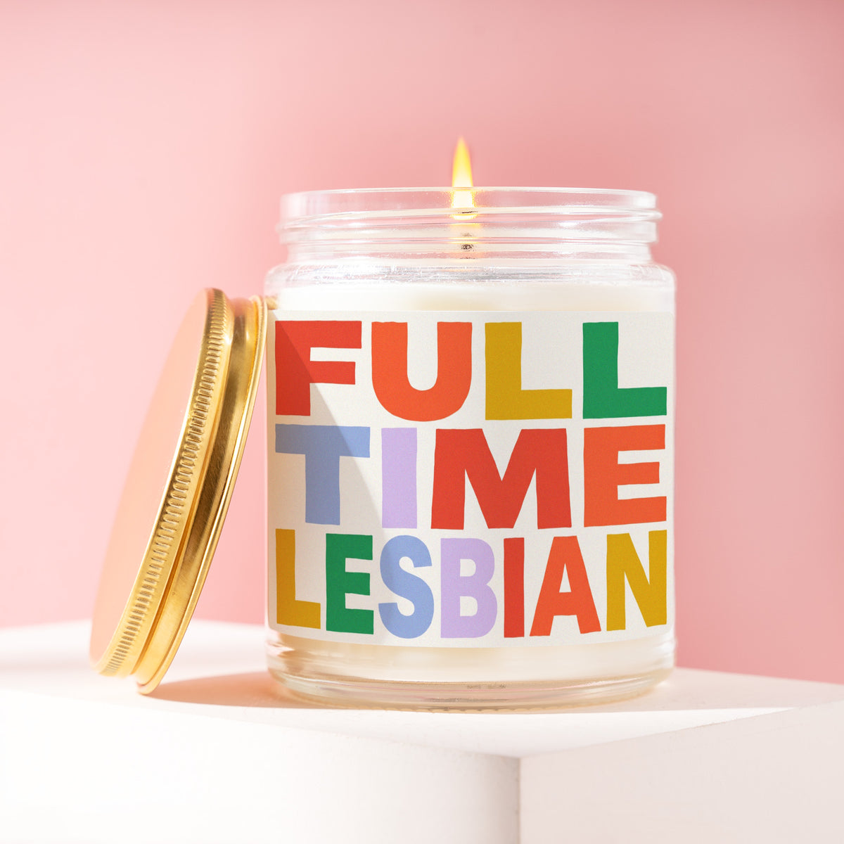 Full Time Lesbian 9 oz soy candle with a brushed gold lid by James Wax