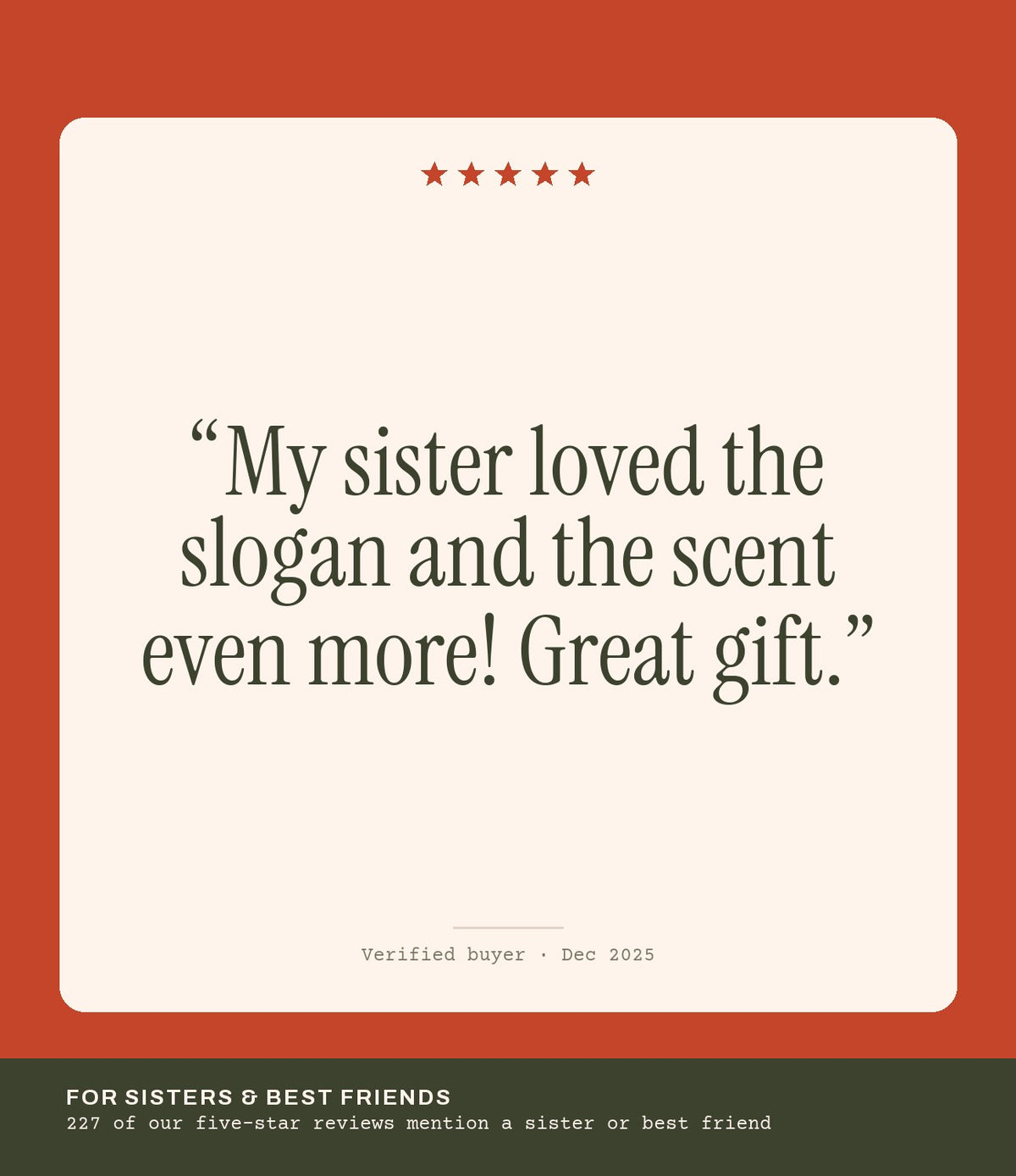 Verified buyer review: My sister loved the slogan and the scent even more! Great gift.