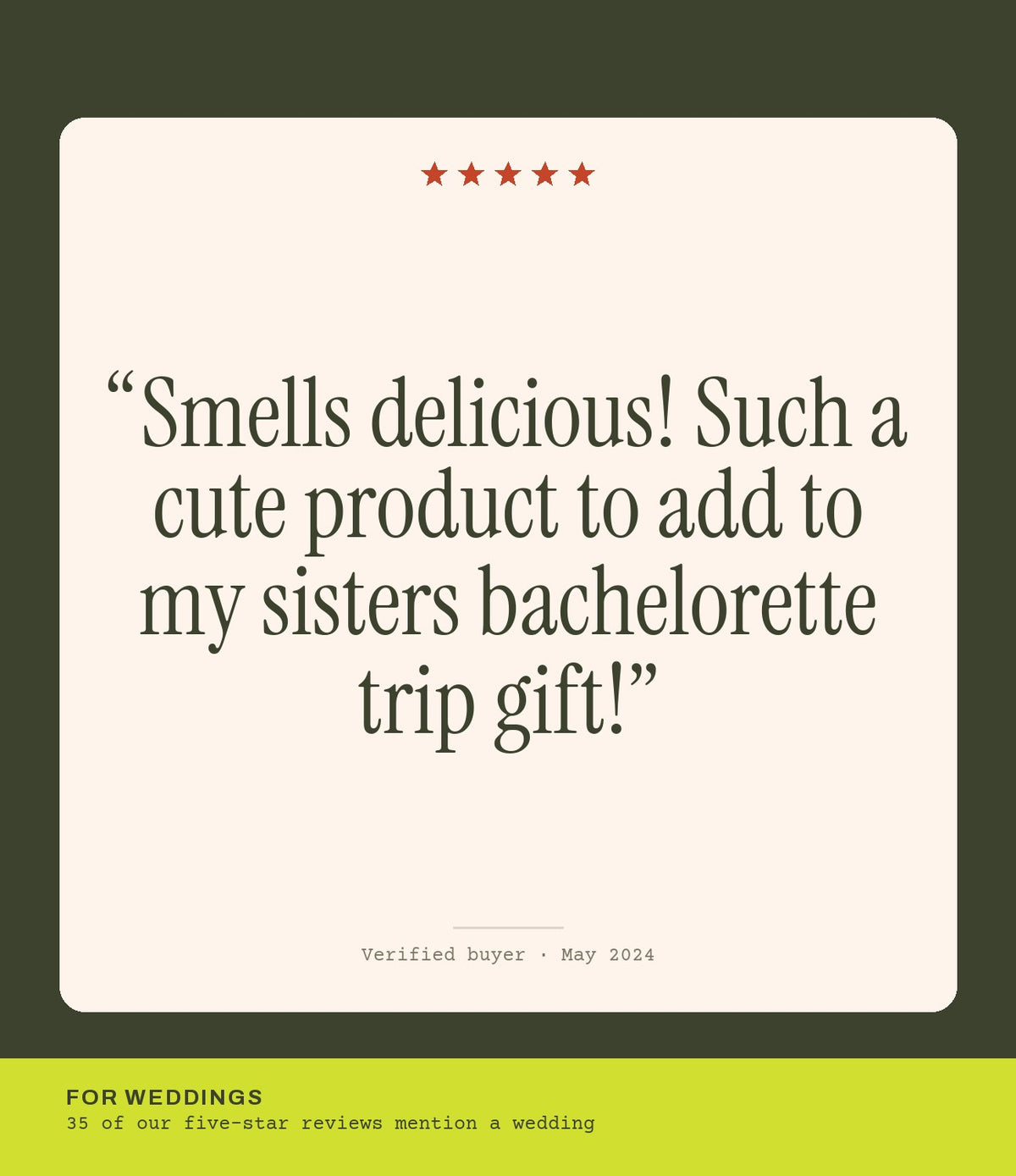 Verified buyer review: Smells delicious! Such a cute product to add to my sisters bachelorette trip gift!