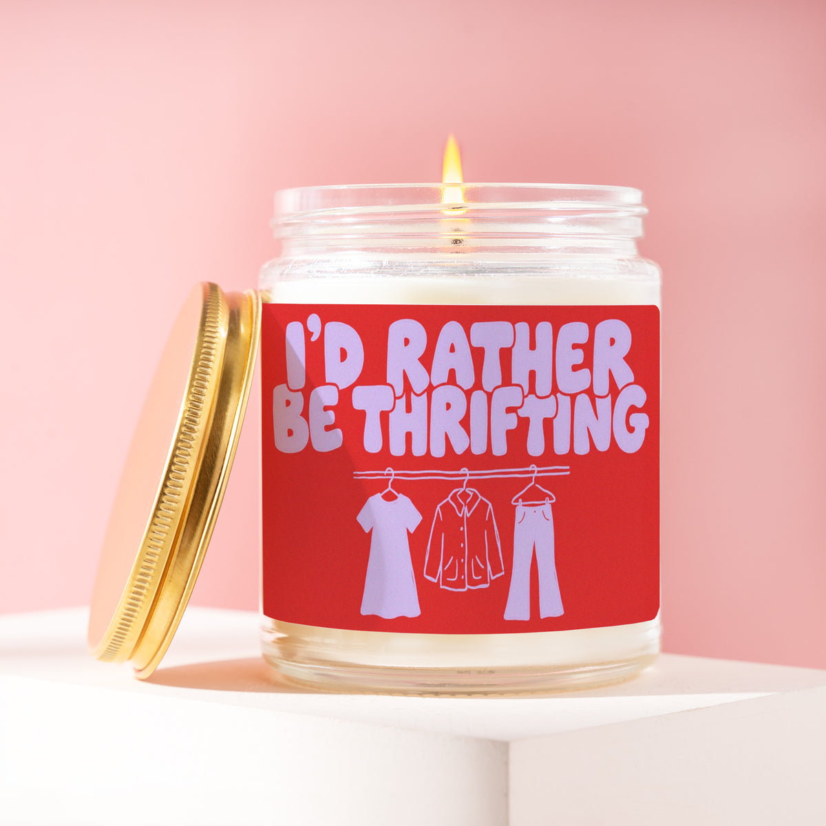 I'd Rather Be Thrifting 9 oz soy candle with a brushed gold lid by James Wax