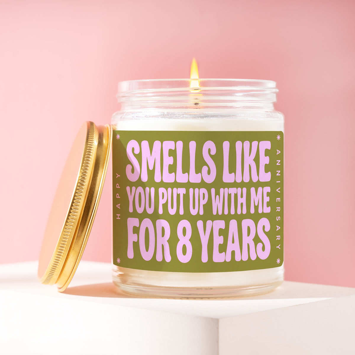 Smells Like You Put Up With Me For 8 Years 9 oz soy candle with a brushed gold lid by James Wax