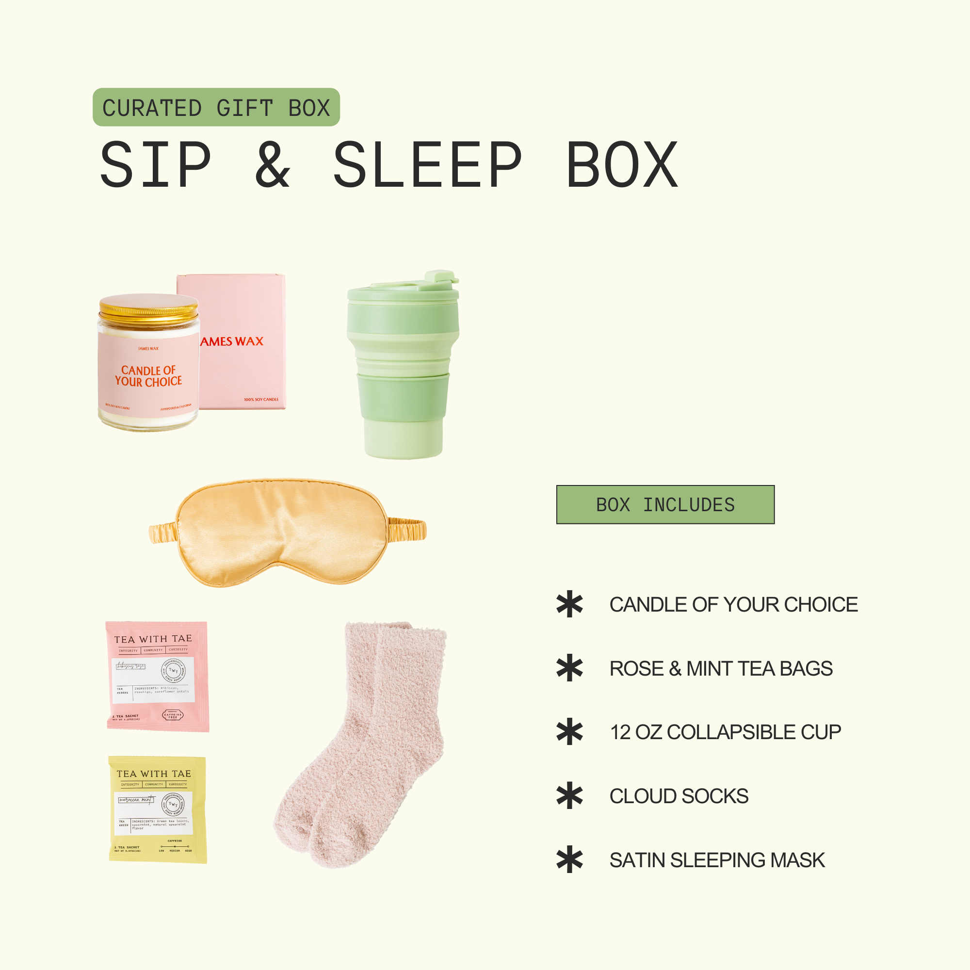 The image is a curated gift box containing various items, including a candle, a sleep mask, a tea set, and a sleep bag.