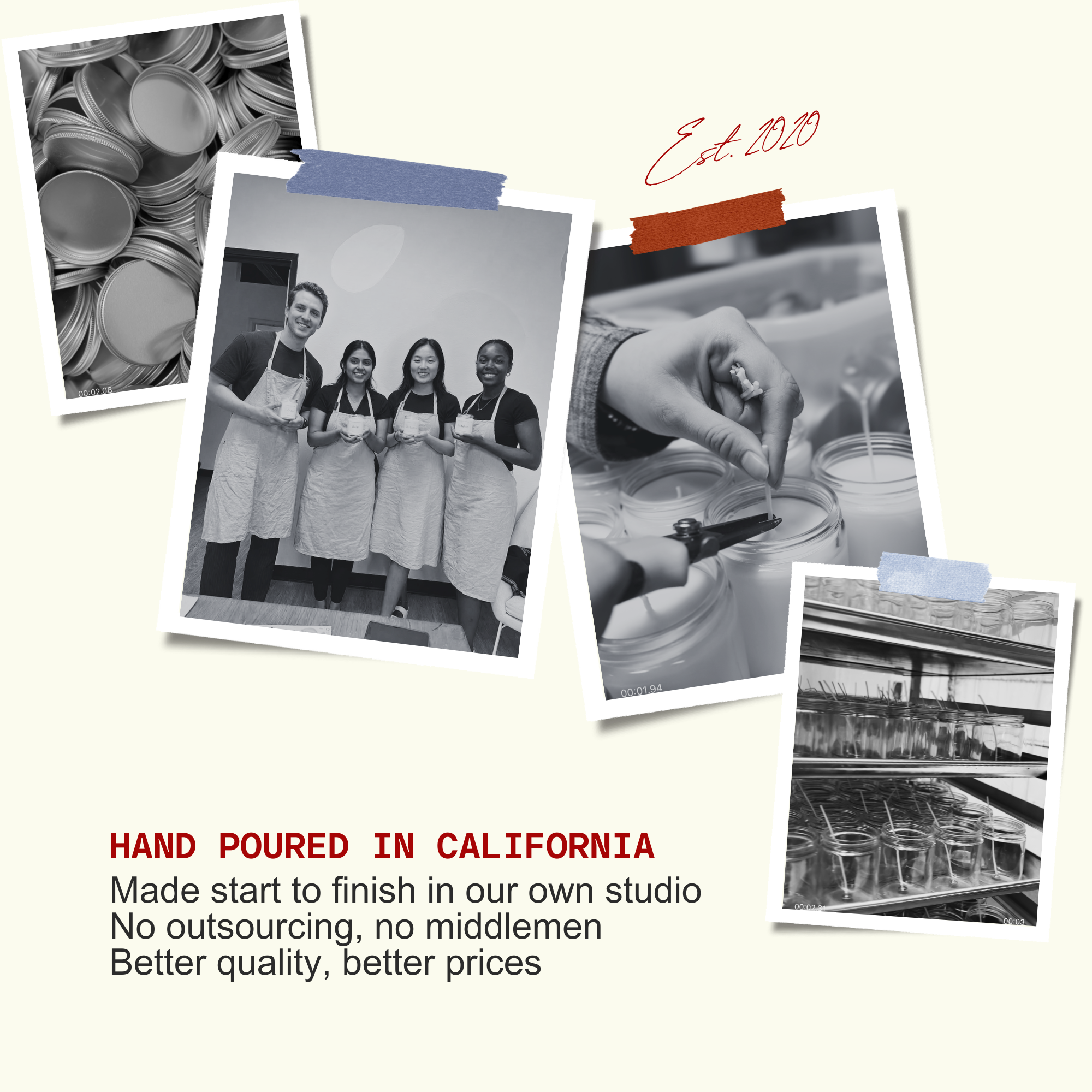 The image is a collage of four photographs, including a group of people working with jars, a person pouring liquid into a jar, and a person handling jars in a studio. The text in the image provides information about the production process and the company's approach to manufacturing.