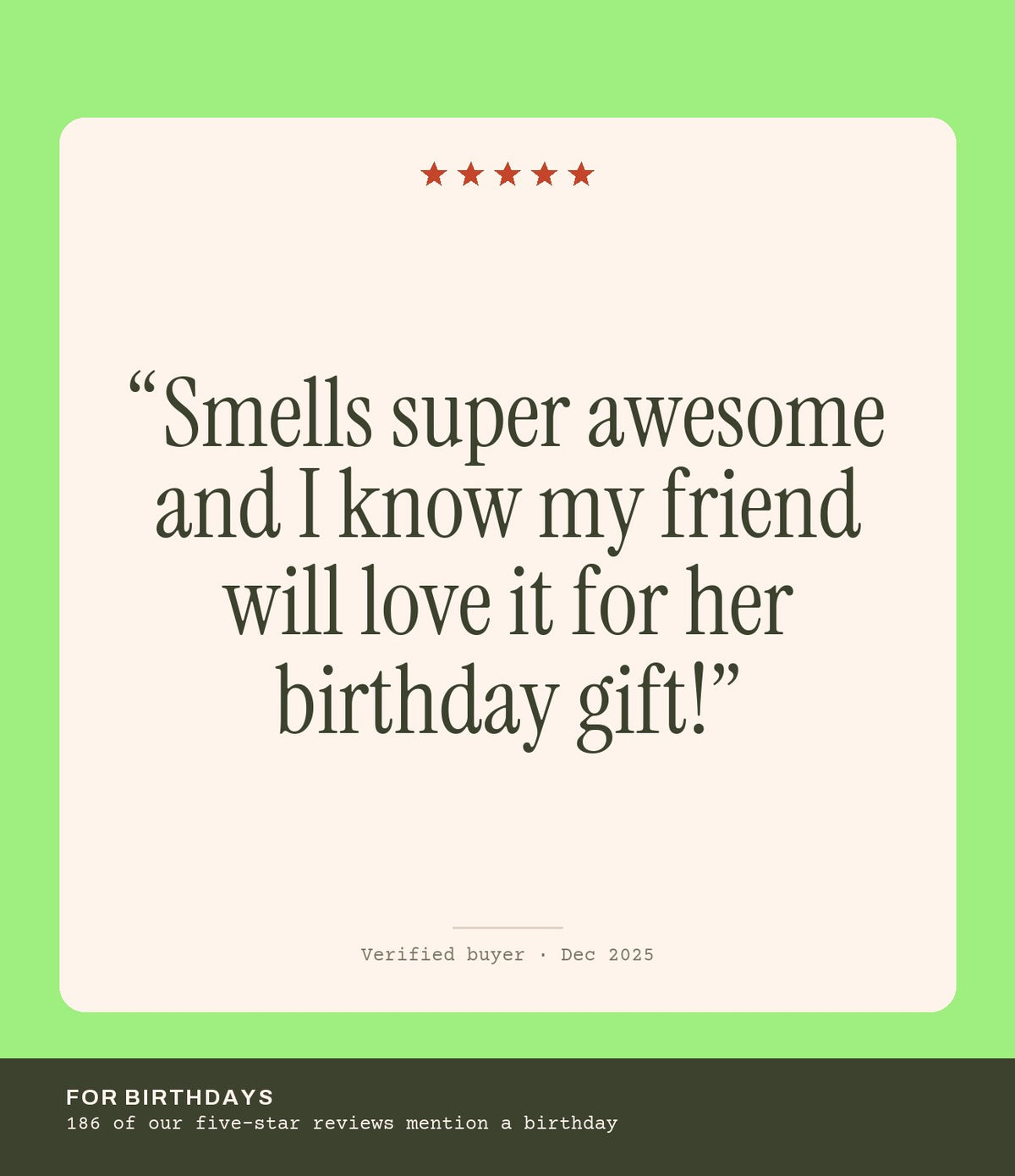 Verified buyer review: Smells super awesome and I know my friend will love it for her birthday gift!