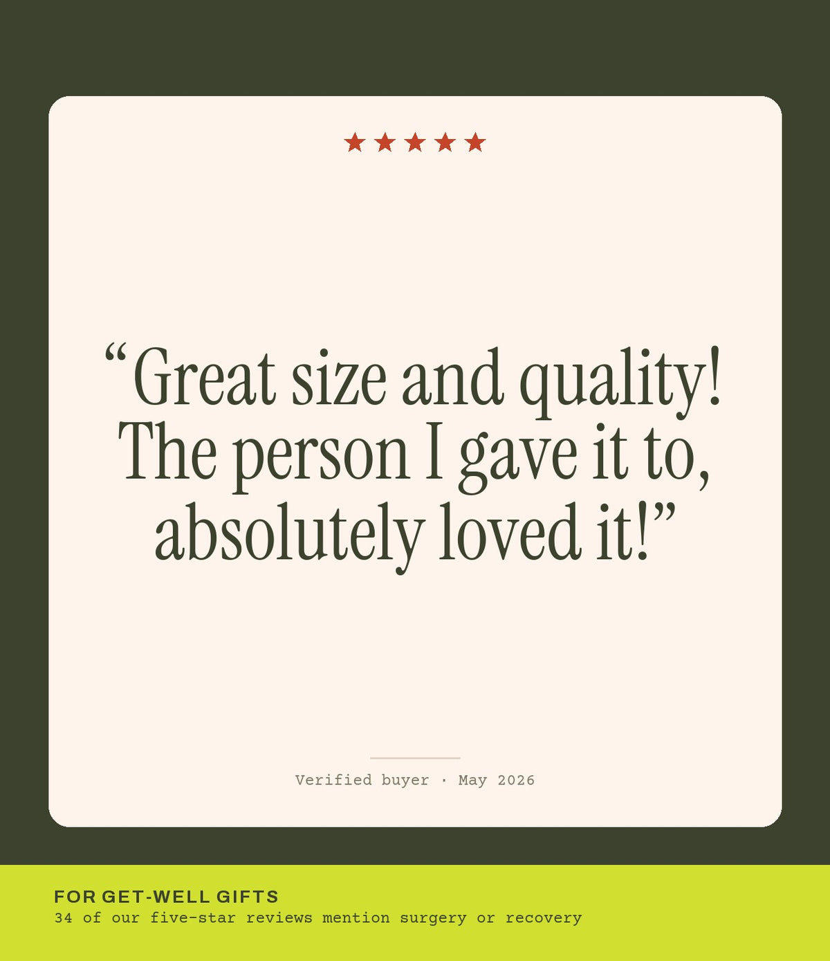 Verified buyer review: Great size and quality! The person I gave it to, absolutely loved it!
