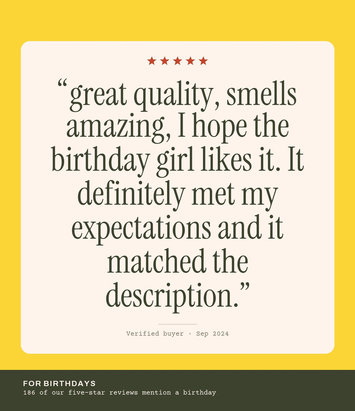 Verified buyer review: great quality, smells amazing, I hope the birthday girl likes it. It definitely met my expectations and it matched the description.