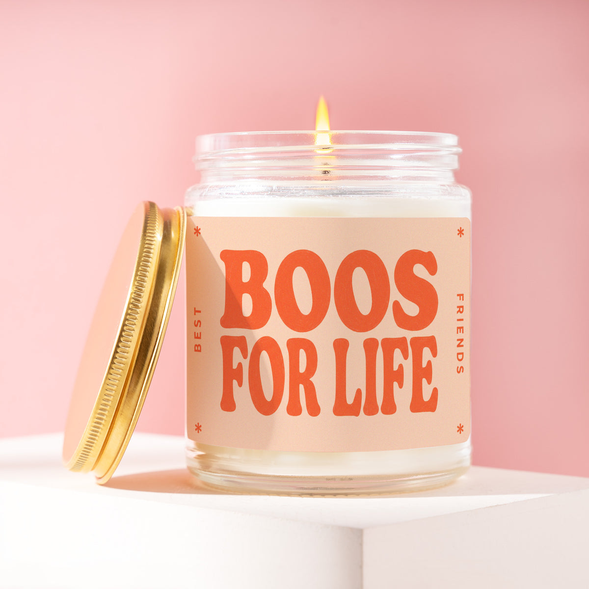 Boos For Life 9 oz soy candle with a brushed gold lid by James Wax