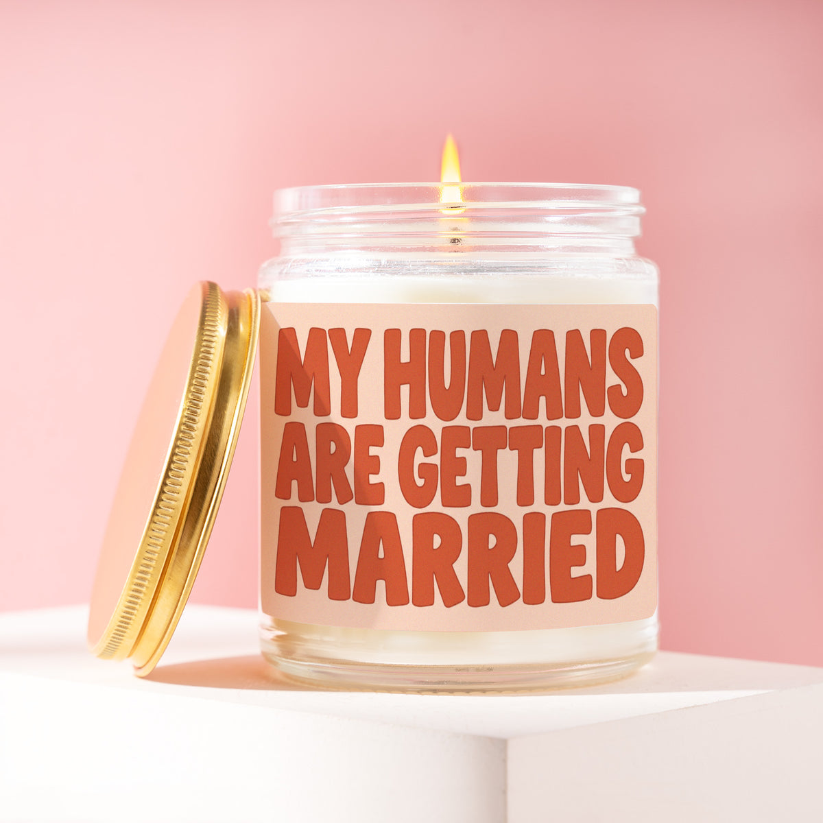 My Humans Are Getting Married 9 oz soy candle with a brushed gold lid by James Wax