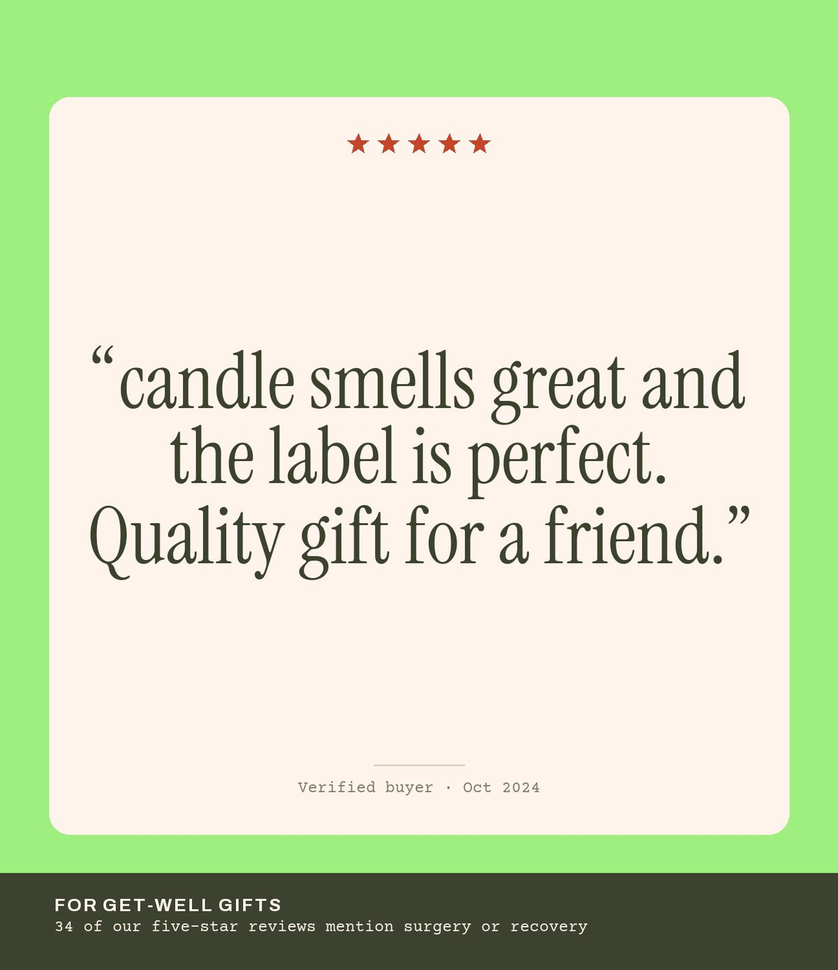 Verified buyer review: candle smells great and the label is perfect. Quality gift for a friend.