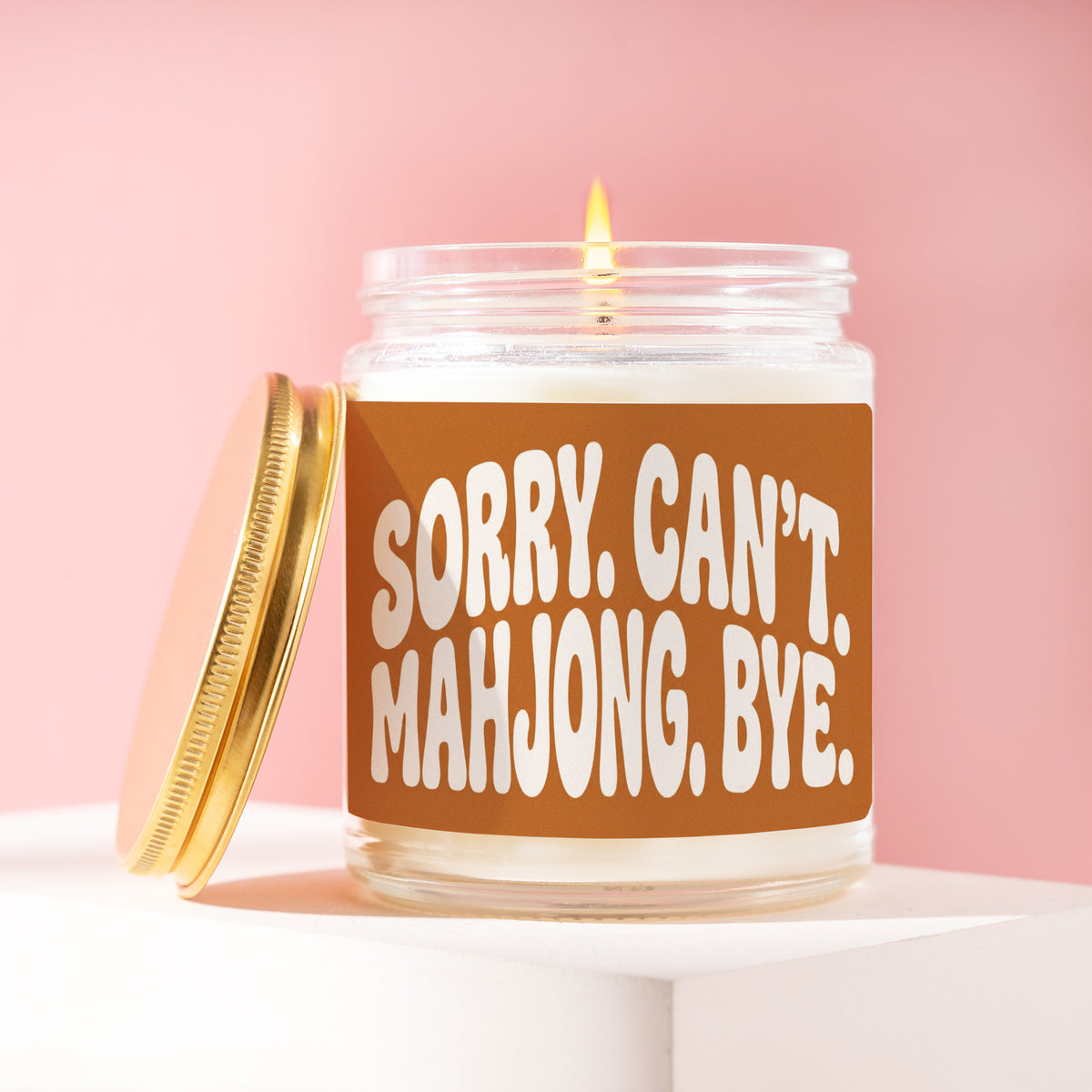 Sorry. Can't. Mahjong. Bye. 9 oz soy candle with a brushed gold lid by James Wax