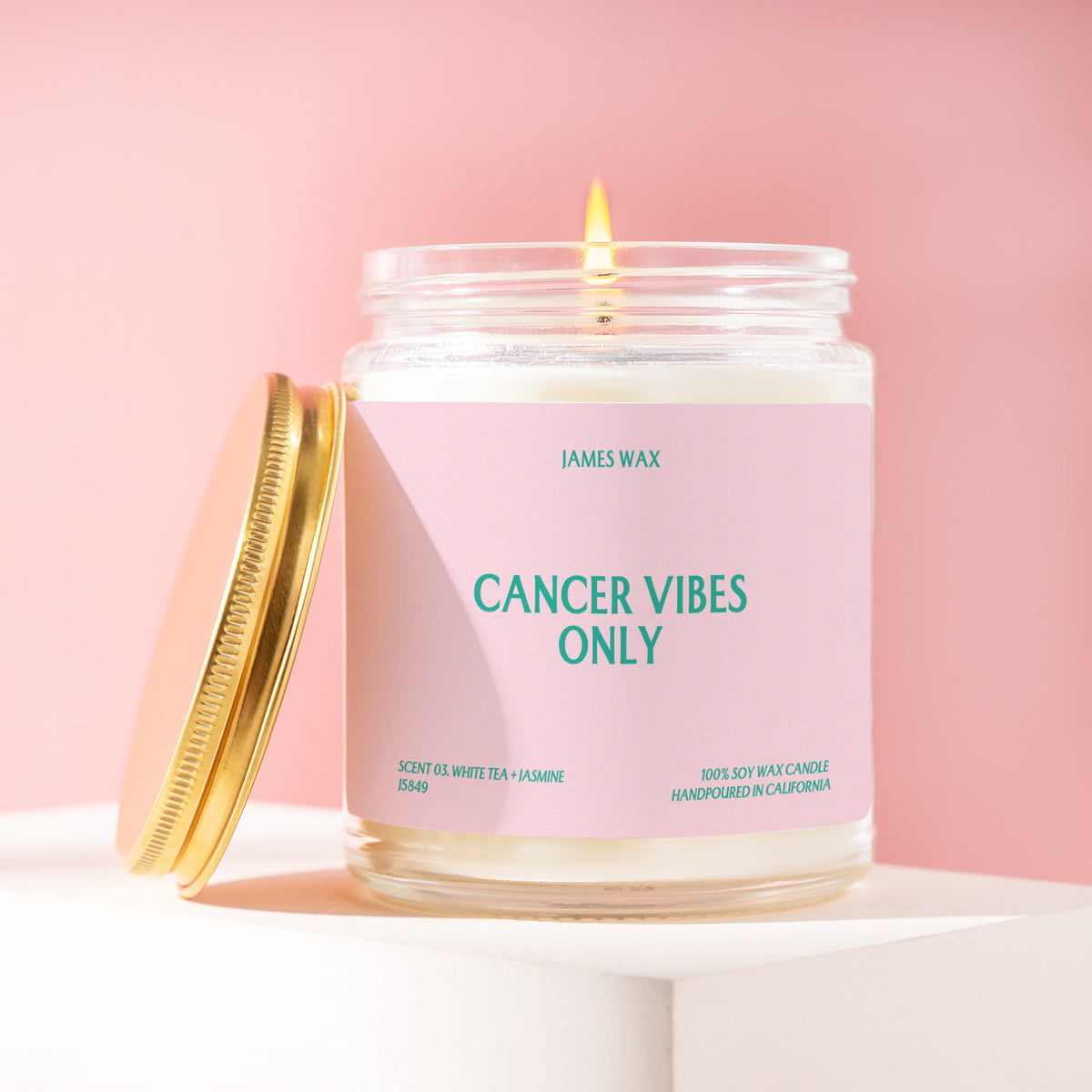 Cancer Vibes Only 9 oz soy candle with a brushed gold lid by James Wax