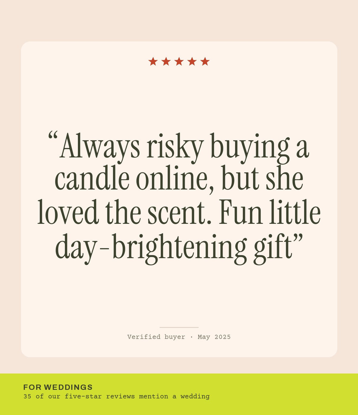 Verified buyer review: Always risky buying a candle online, but she loved the scent. Fun little day-brightening gift
