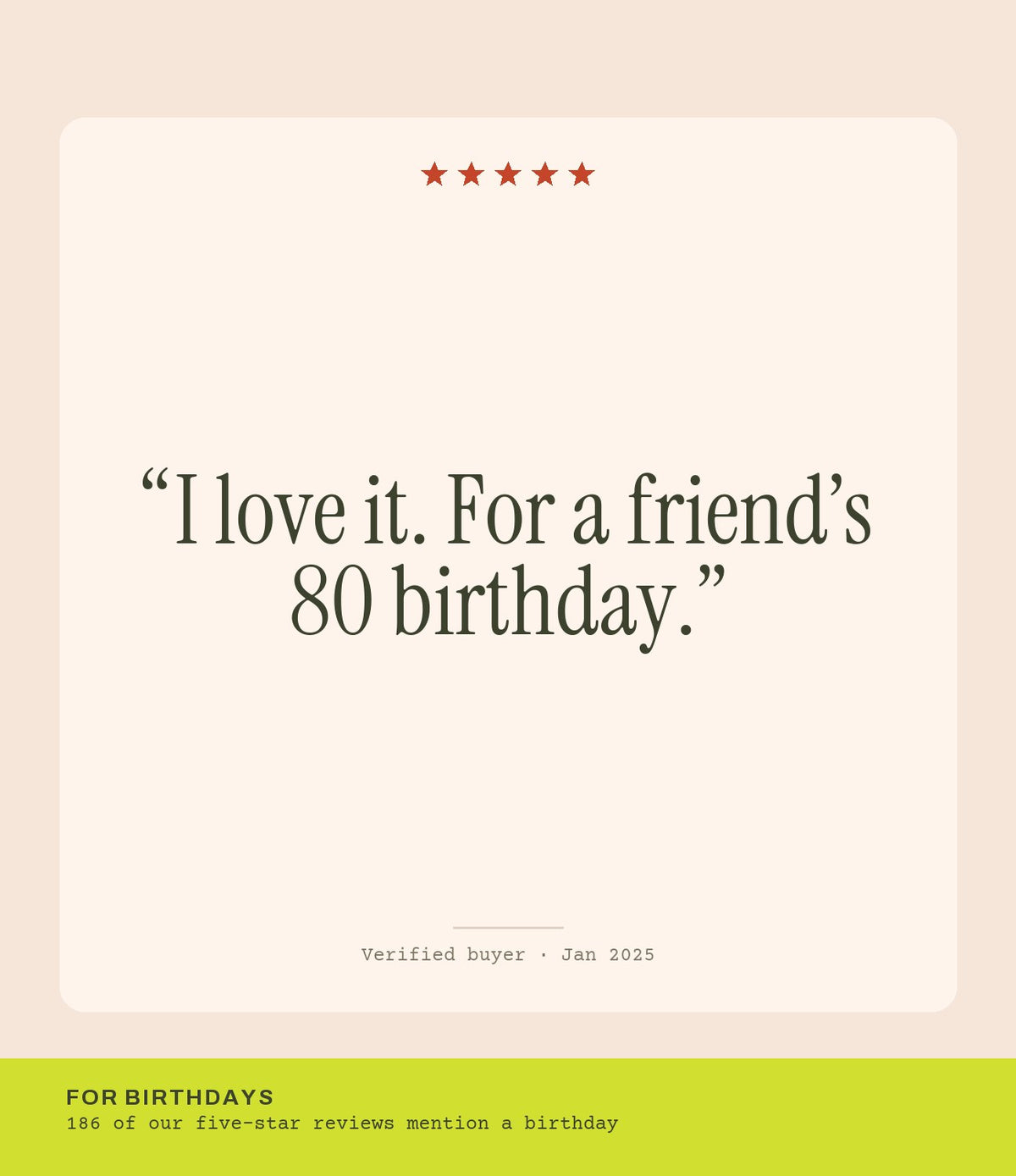 Verified buyer review: I love it. For a friend’s 80 birthday.
