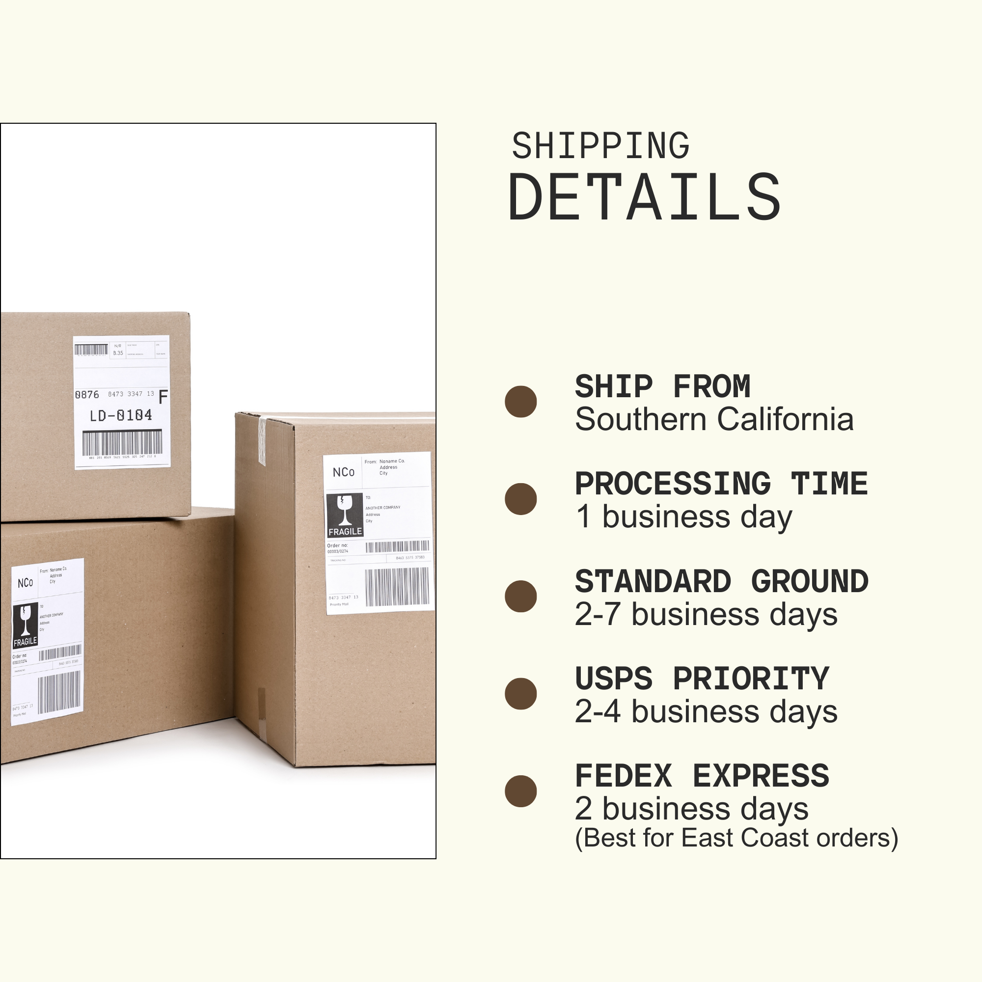 three cardboard boxes, each with shipping labels and details, indicating that they are being shipped from Southern California.