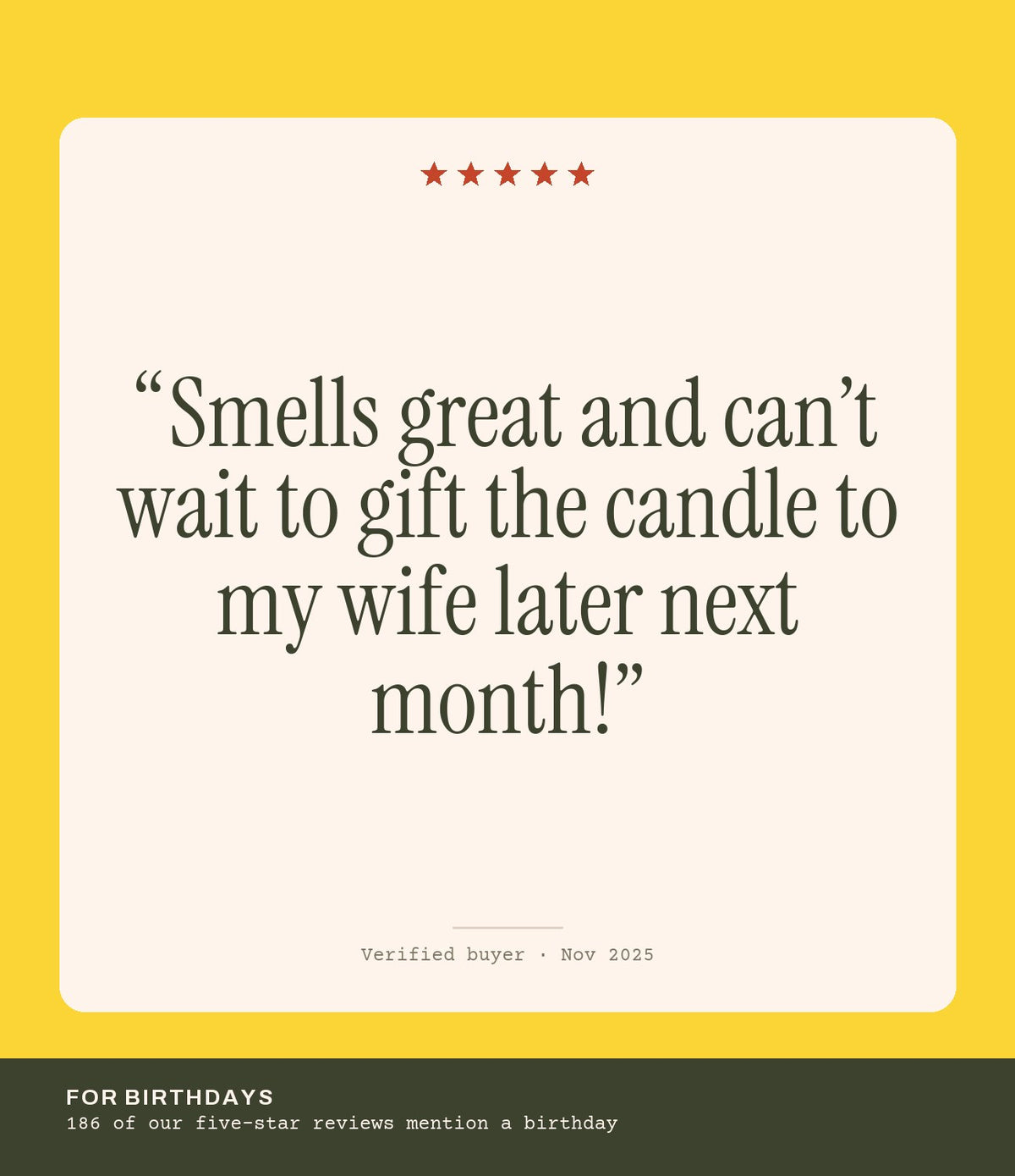 Verified buyer review: Smells great and can’t wait to gift the candle to my wife later next month!