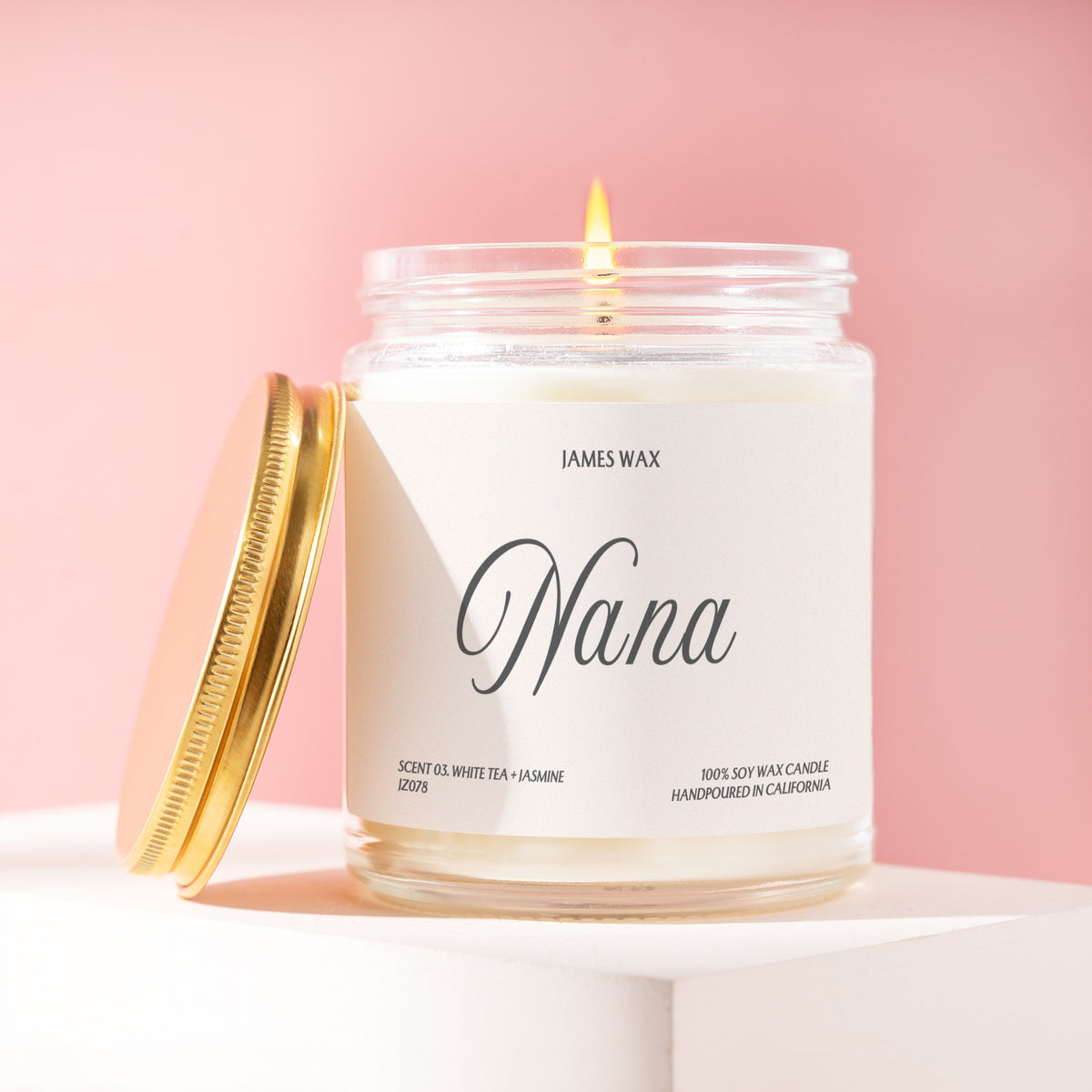 Nana 9 oz soy candle with a brushed gold lid by James Wax
