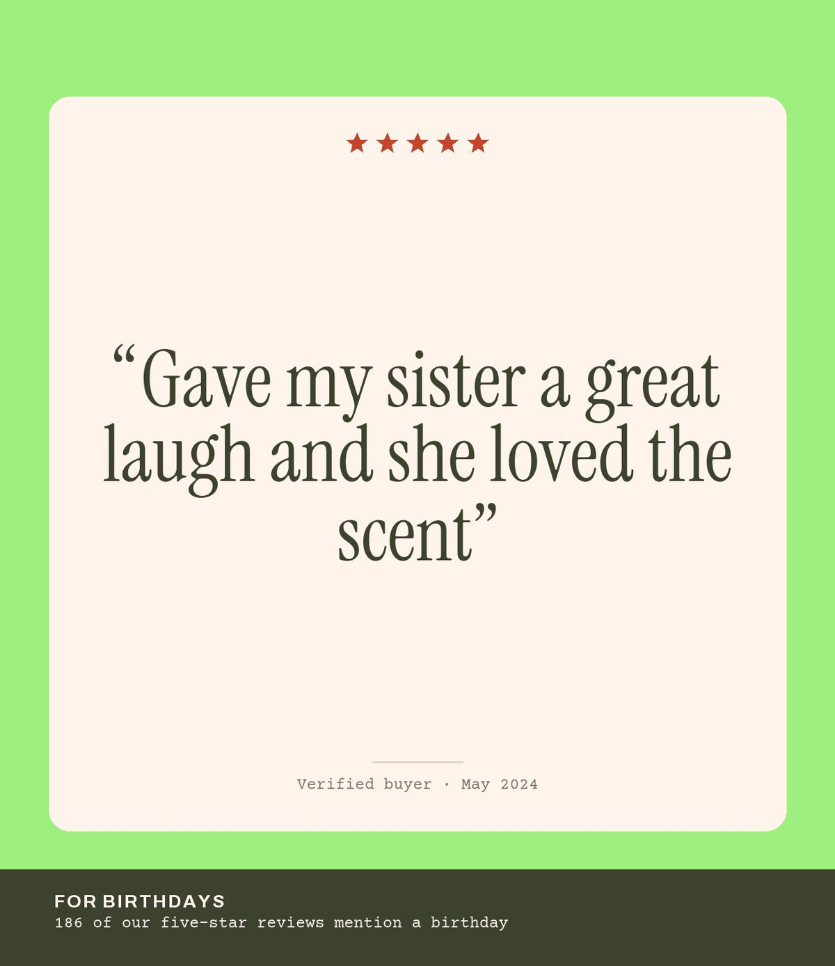 Verified buyer review: Gave my sister a great laugh and she loved the scent