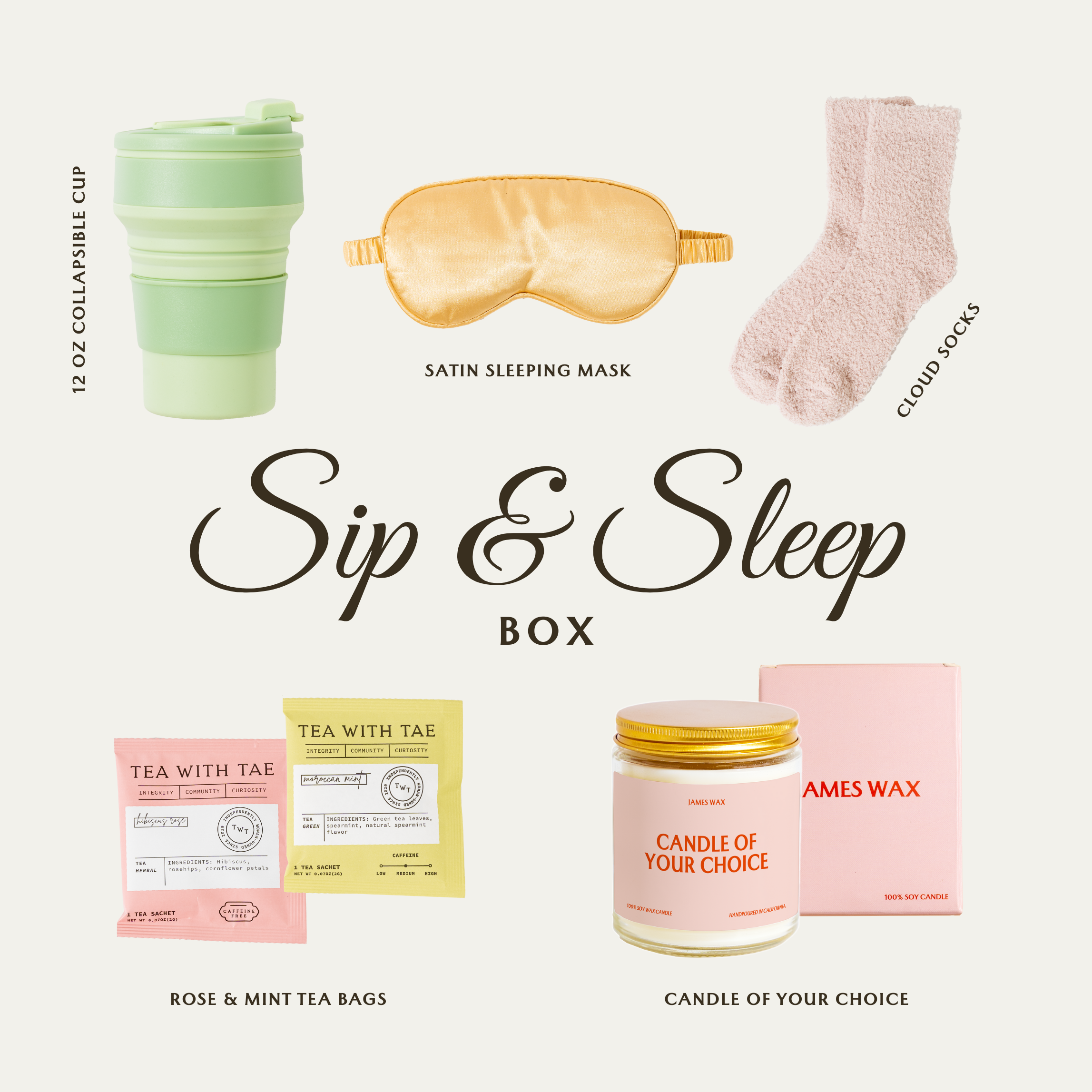 The image is a collage of various items related to sleep and relaxation, including a green tea cup, a yellow eye mask, pink socks, a satin sleeping mask, a candle, and tea bags.