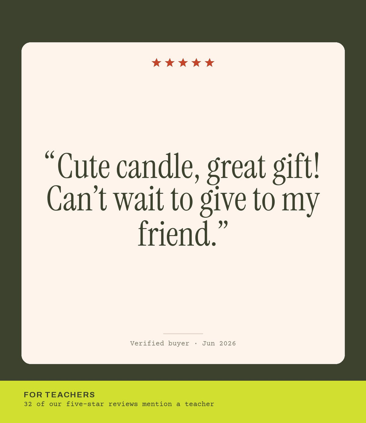Verified buyer review: Cute candle, great gift! Can’t wait to give to my friend.