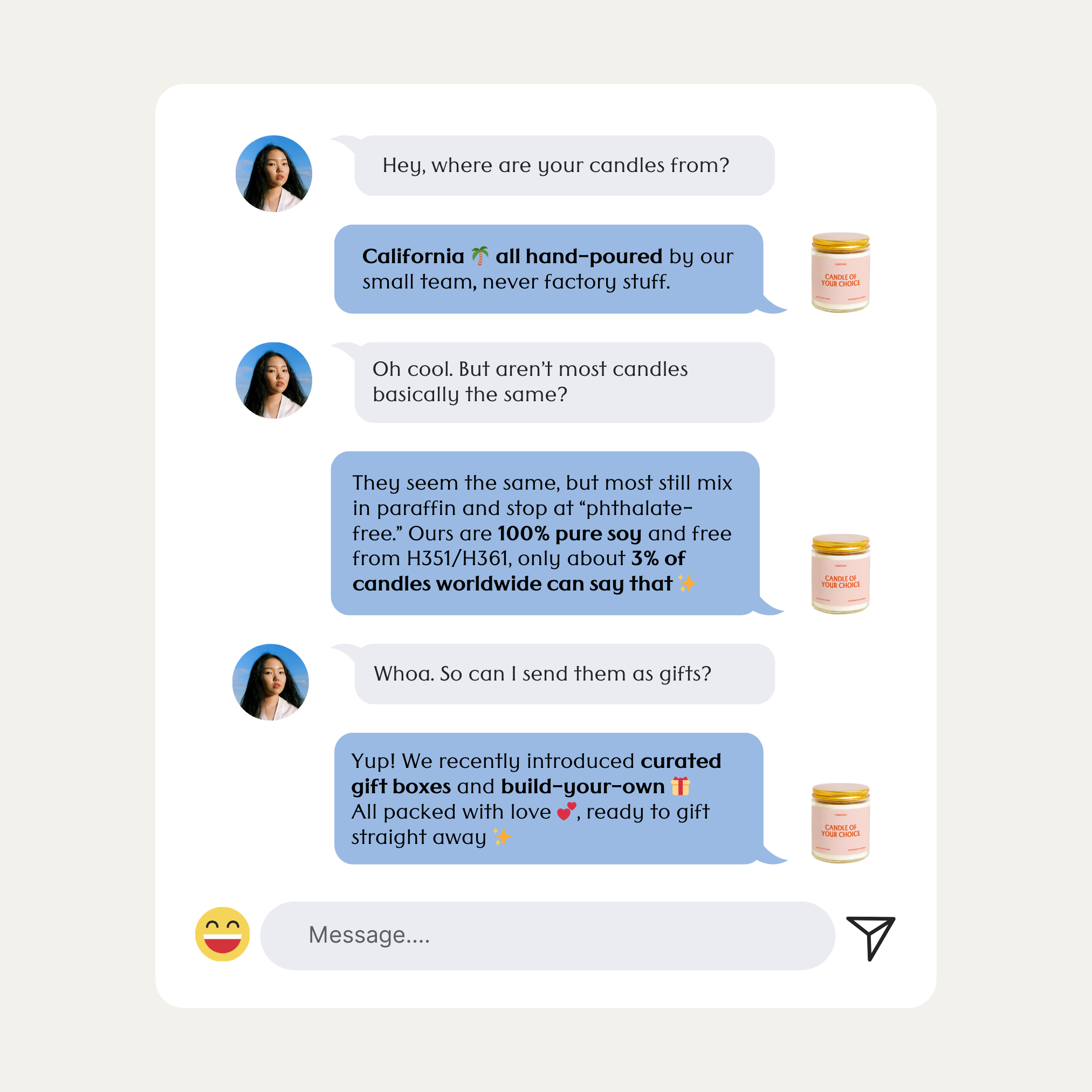 The image is a screenshot of a text conversation with two people discussing candles. The conversation includes questions about where the candles are from, their quality, and the types of candles available. The conversation also mentions that the candles are hand-poured and that they are made from pure beeswax and free from H3501/H3601. The conversation appears to be casual and friendly, with both participants expressing their opinions about the candles.