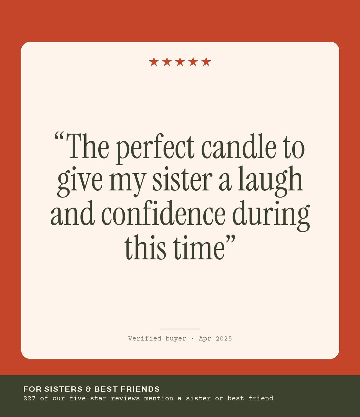 Verified buyer review: The perfect candle to give my sister a laugh and confidence during this time