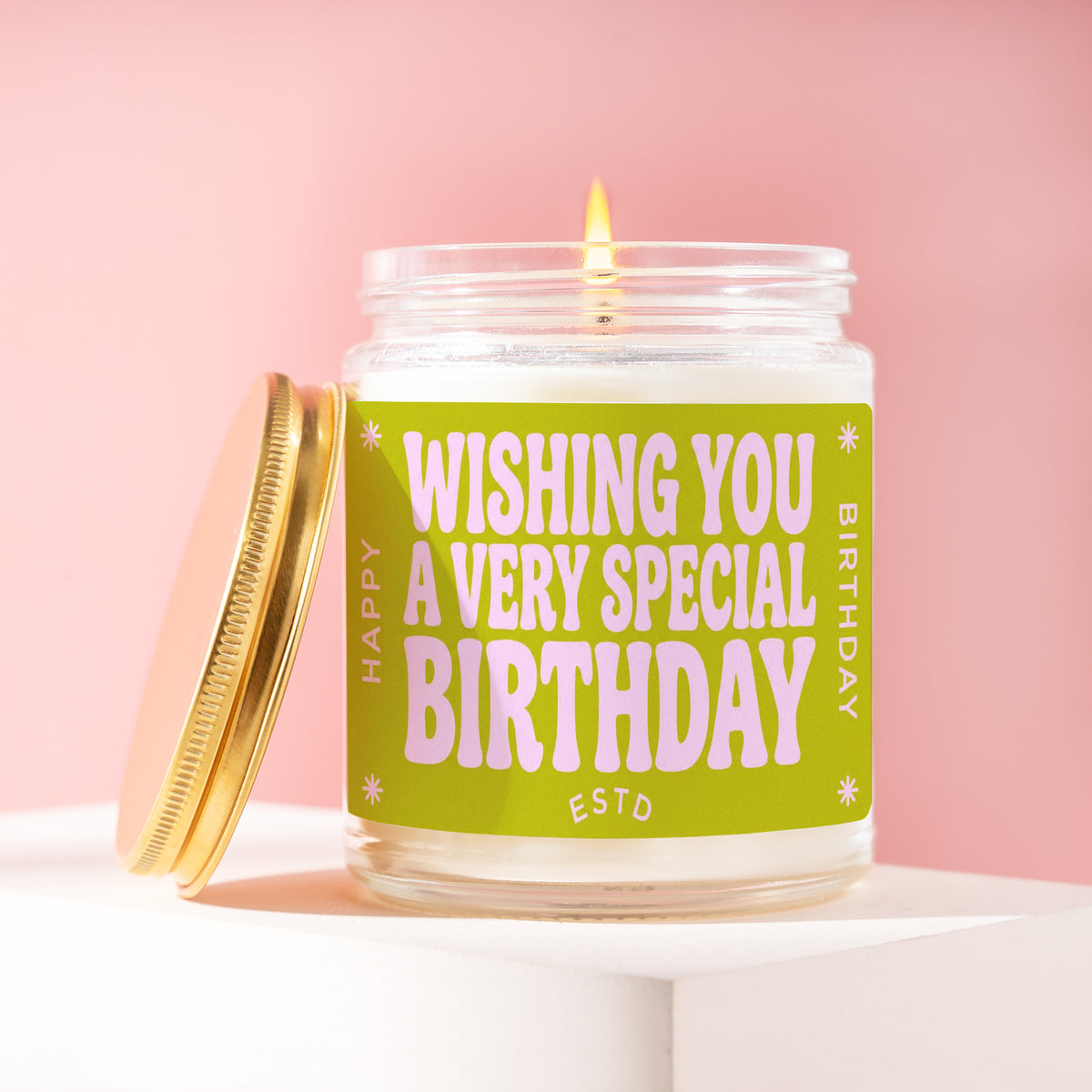 Wishing You A Very Special Birthday 9 oz soy candle with a brushed gold lid by James Wax