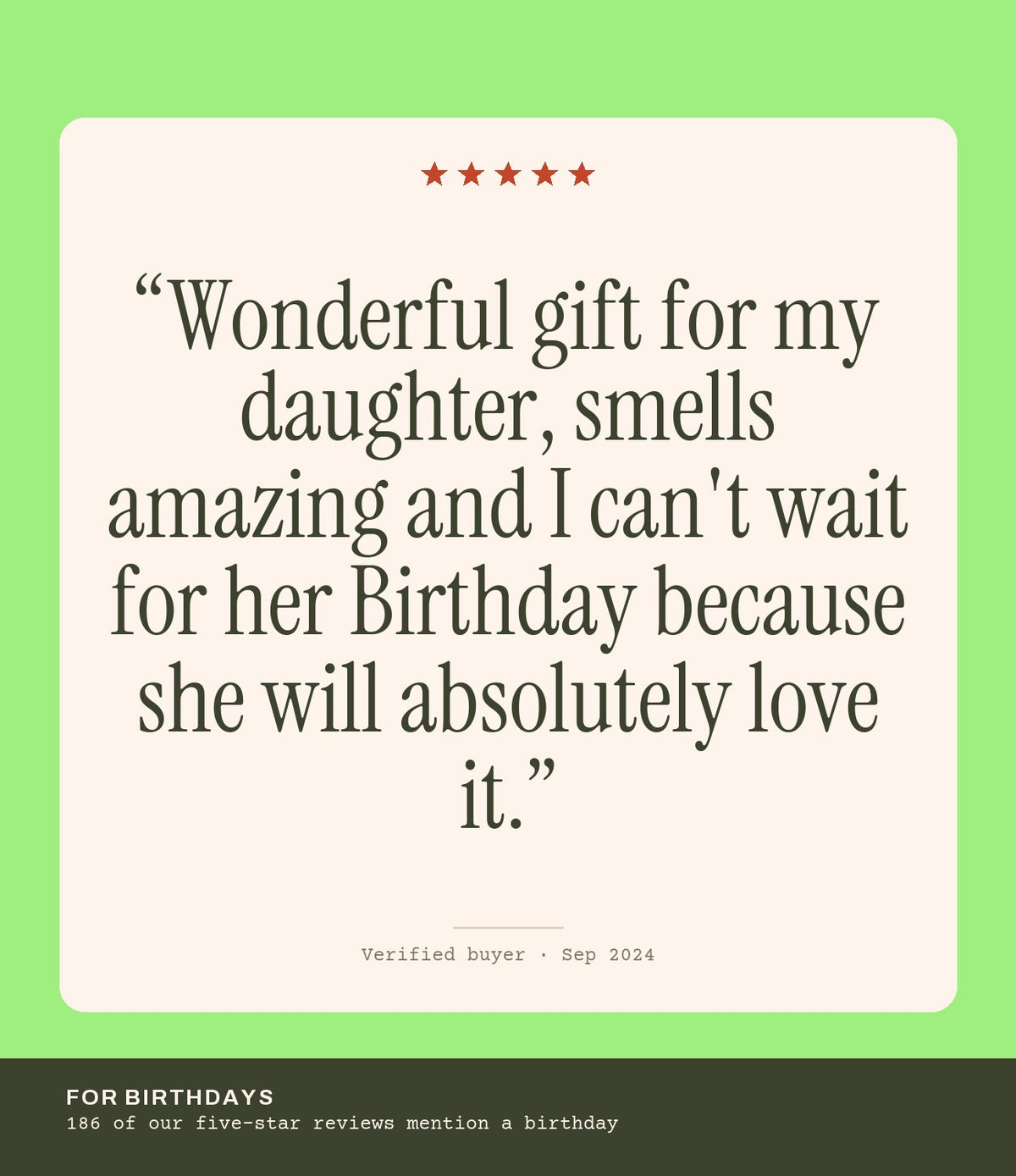 Verified buyer review: Wonderful gift for my daughter, smells amazing and I can't wait for her Birthday because she will absolutely love it.