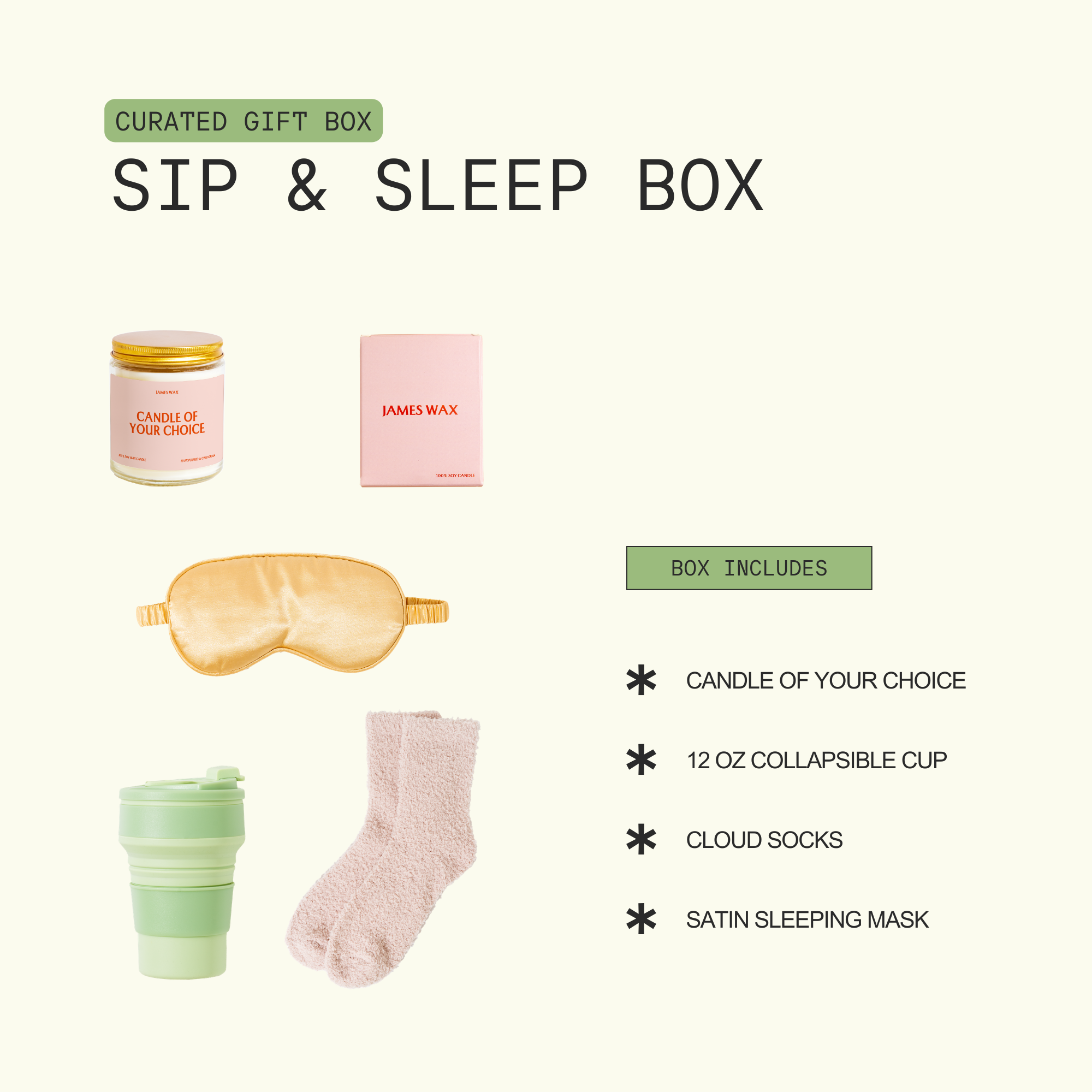 The image is a curated gift box containing various items, including a candle, a sleep mask, a cup, and a pair of socks.