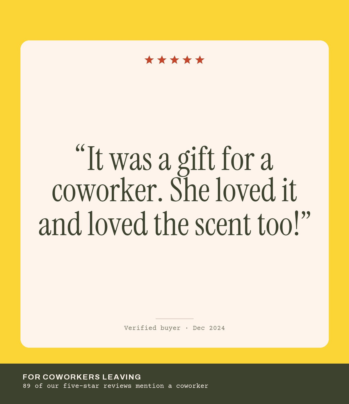 Verified buyer review: It was a gift for a coworker. She loved it and loved the scent too!