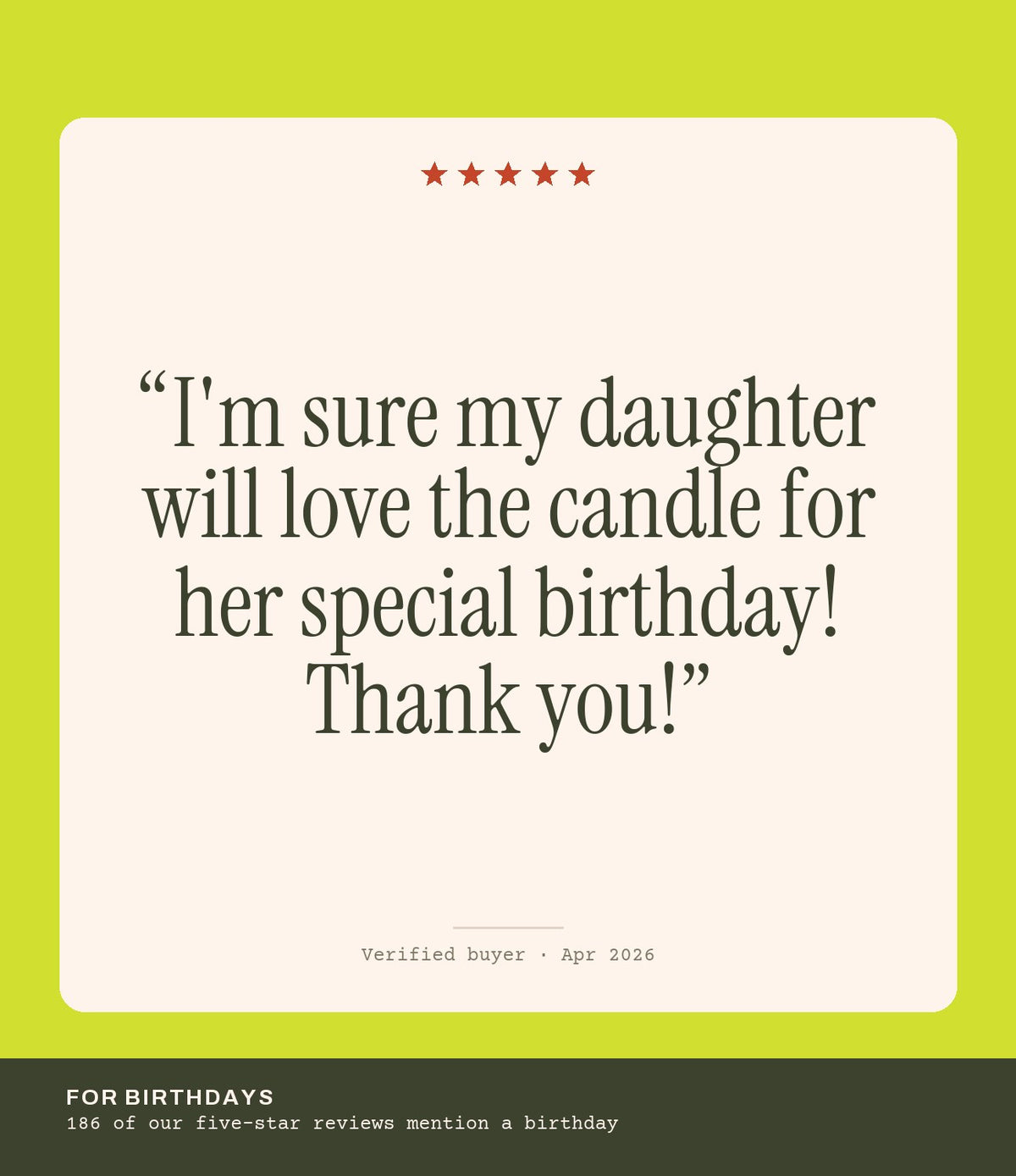 Verified buyer review: I'm sure my daughter will love the candle for her special birthday! Thank you!