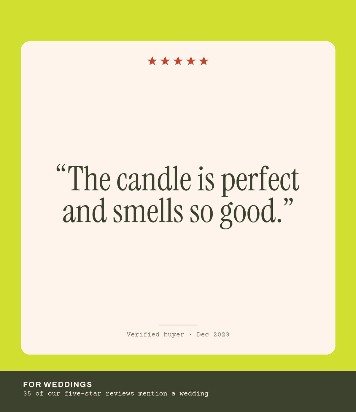 Verified buyer review: The candle is perfect and smells so good.
