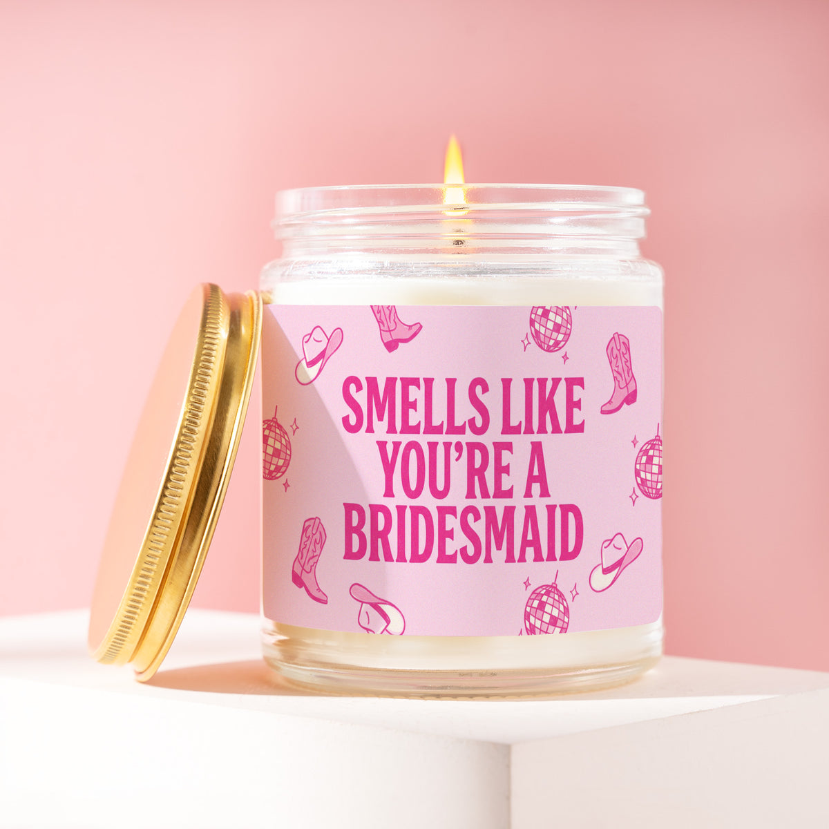 Smells Like You're A Bridesmaid 9 oz soy candle with a brushed gold lid by James Wax